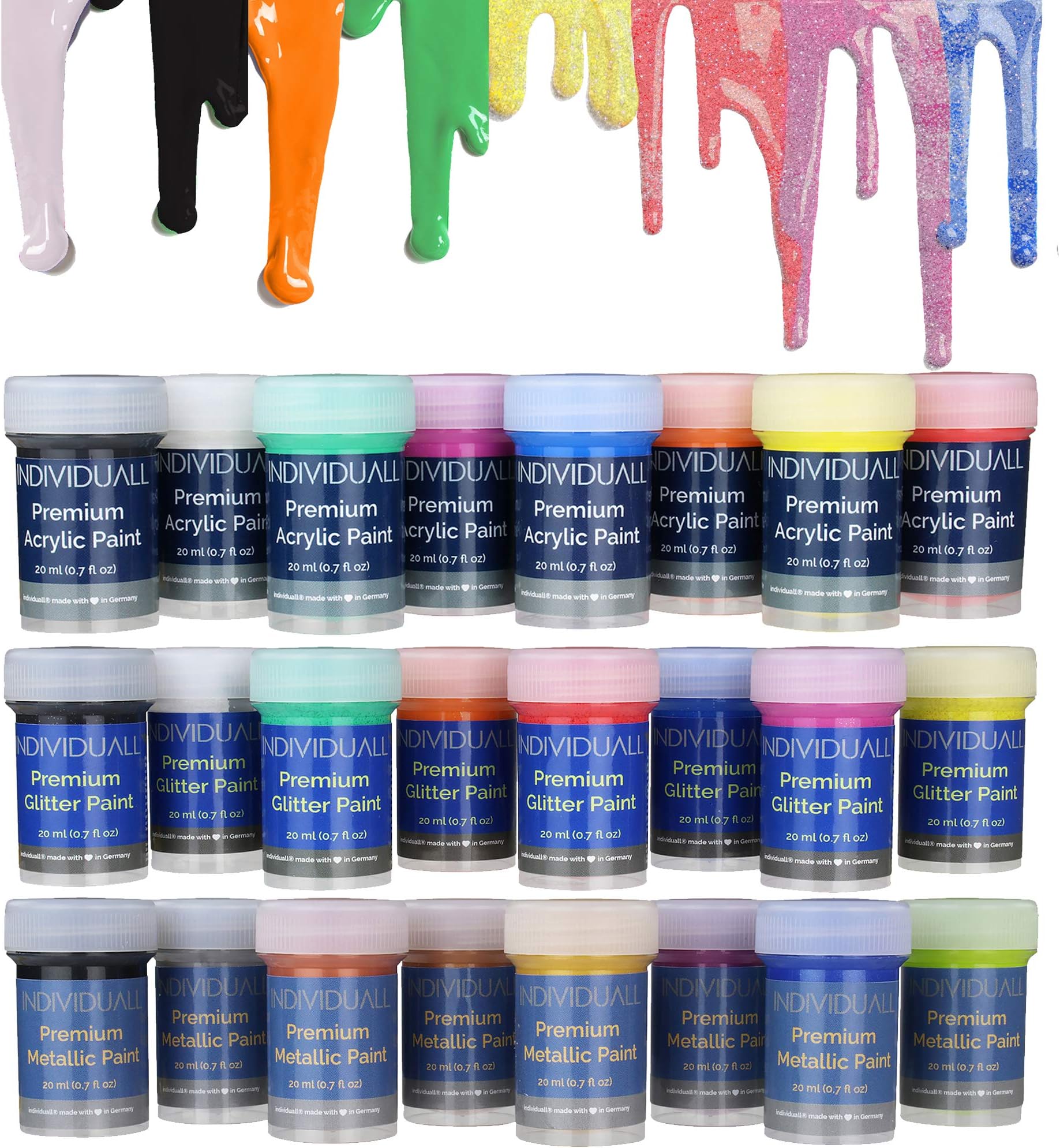individuall 'ALL IN ONE' Metallic, Glitter, Acrylic Paint Set All-Purpose Professional Grade Hobby Paints - Vivid Craft Paint Sets for Family and DIY Projects - 24 Cans, 20ml each