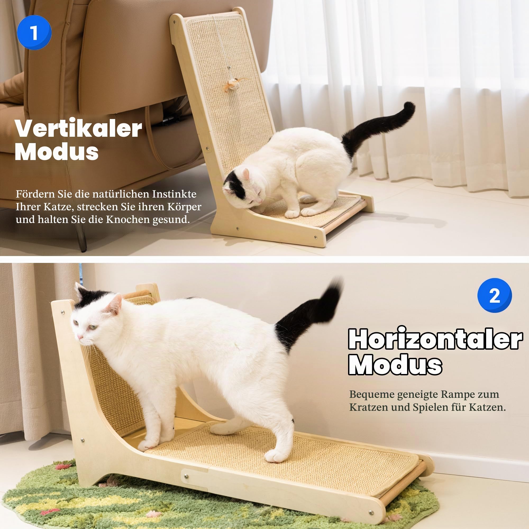PETKARAY Sisal Kratzbrett Katze, 66 cm L-förmige Kratzbrett, 105° vertikale Kratzfläche, Kratzmöbel mit Katzenspielzeug, Katzenkratzbrett für Wand und Ecke
