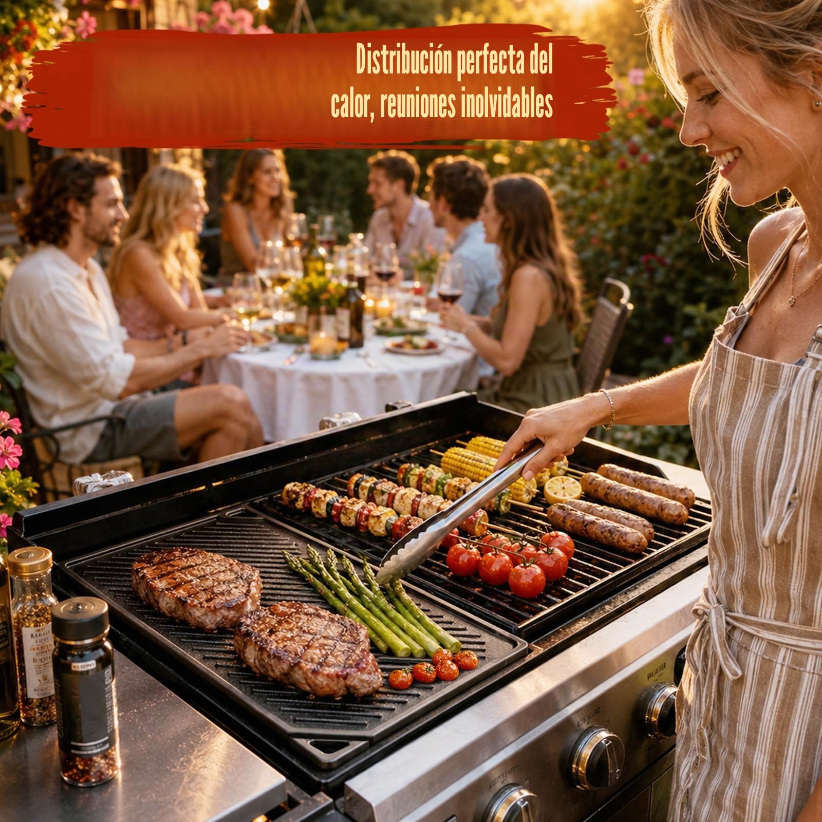 Denmay Plancha de hierro fundido 42 x 24 cm, antiadherente reversible para parrilla de gas, placa de hierro fundido para estufa de gas, horno, barbacoa al aire libre o hoguera, 1 unidad