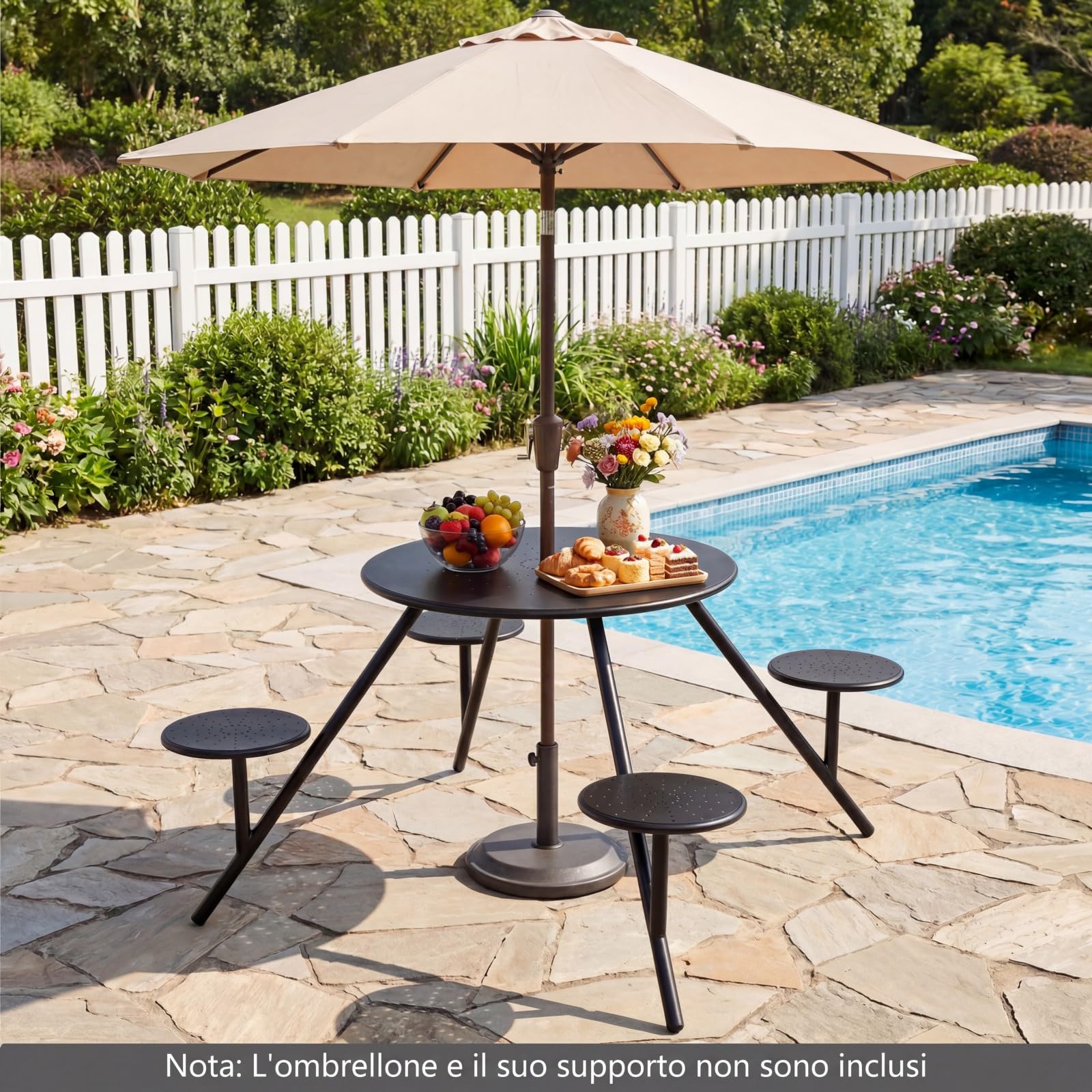 COSTWAY Set Tavolo e 4 Sedie da Campeggio, Foro Ombrellone, Metallo Zincato | Tavolo da Giardino per Cortile e Patio, Set Mobili da Pranzo Completo, 168 x 168 x 73 cm