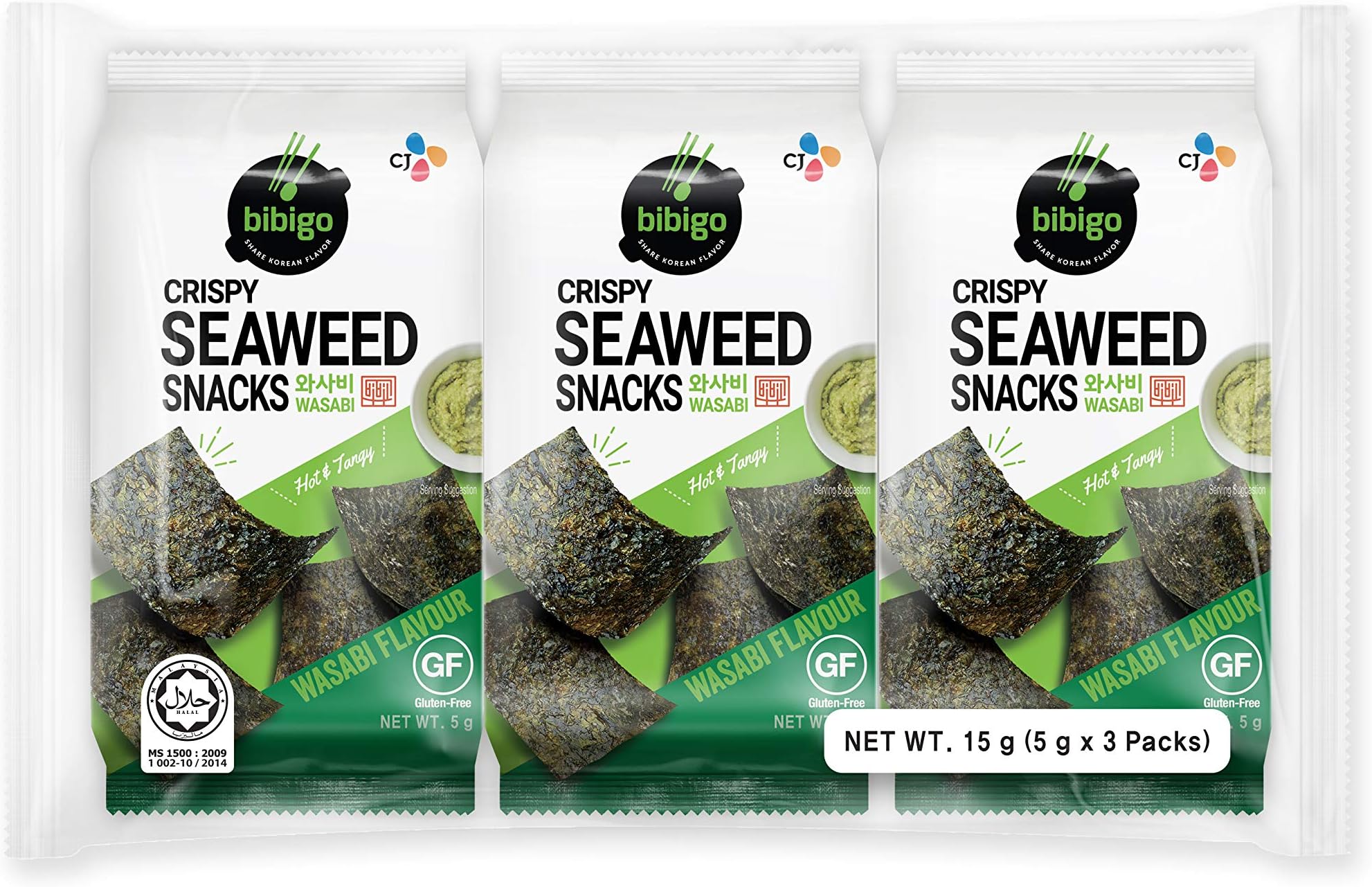 bibigo CJ Crispy Seaweed Snacks Wasabi Flavour 3 X 5 g