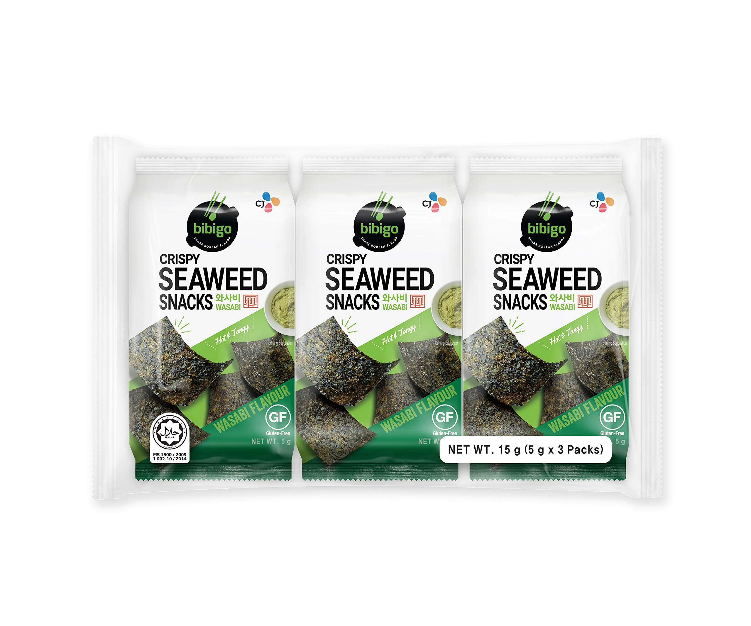 bibigo CJ Crispy Seaweed Snacks Wasabi Flavour 3 X 5 g