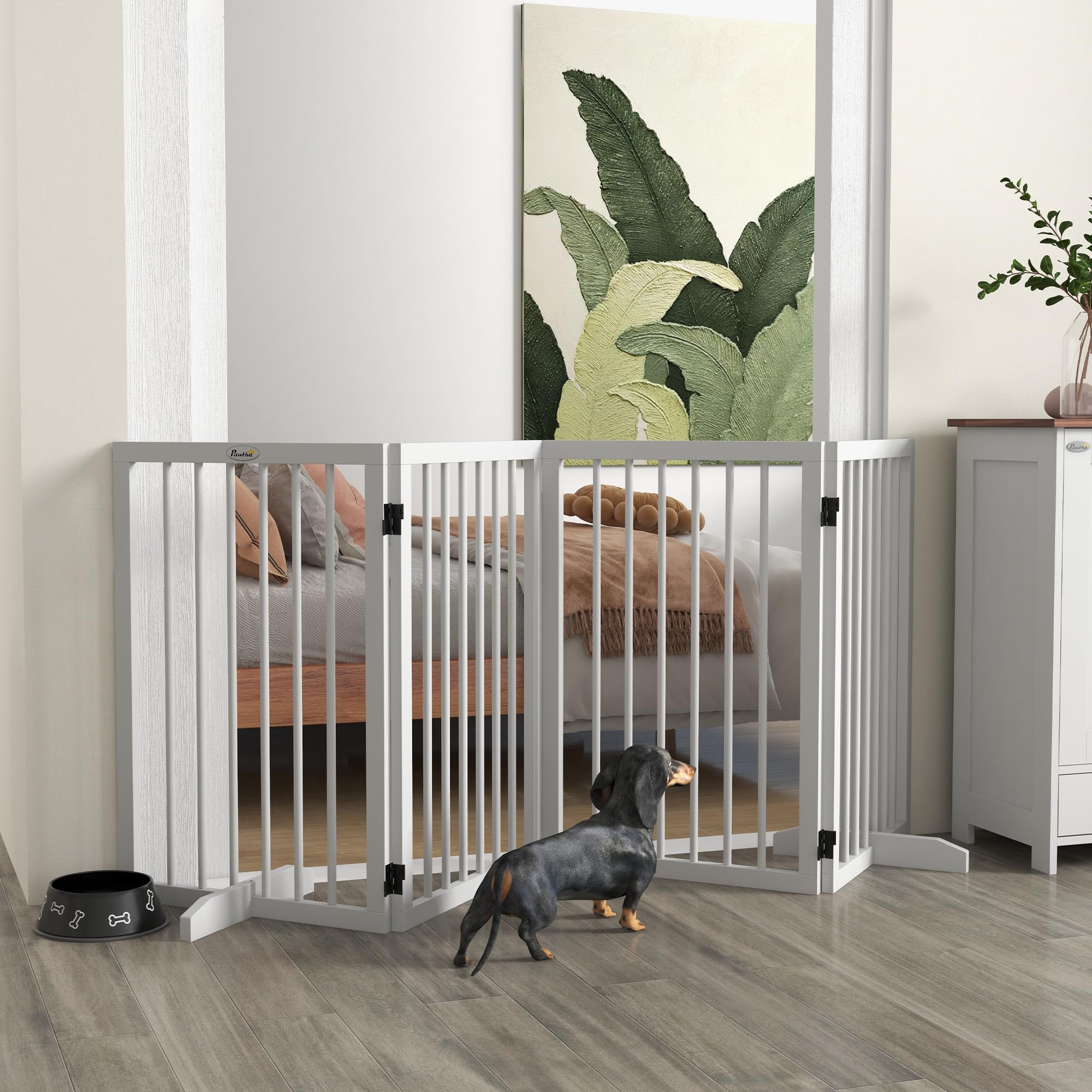 PawHut - Barrera de seguridad para perros (4 paneles, 206 x 35,5 x 76 cm), color blanco | Barrera de Protección Modular Plegable, Barrera para Animales de Madera, Pies de Soporte