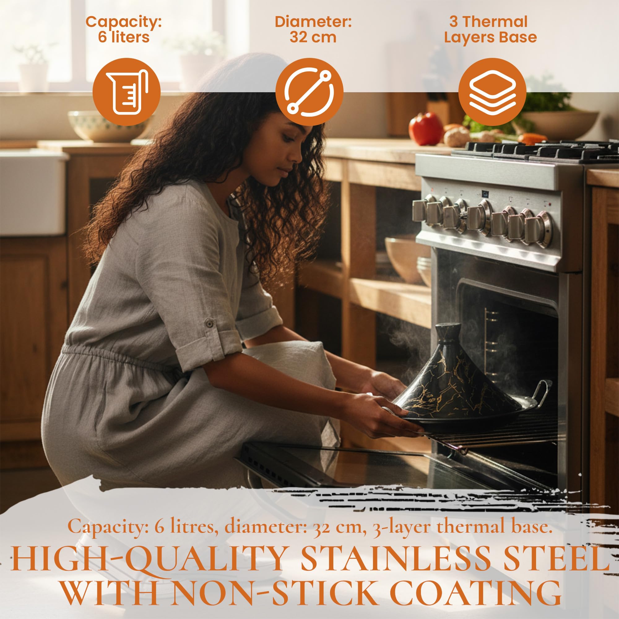 Royal Swiss Tajine 38 cm – Acciaio inox, rivestimento antiaderente, coperchio in porcellana – Adatto a tutte le fonti di calore, induzione, gas, elettrico – Cottura sana