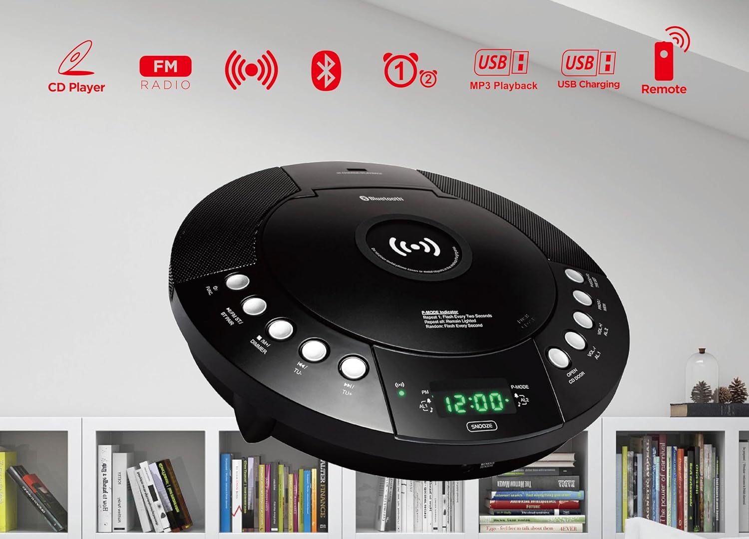 HANNLOMAX HX-329CD CD Player with Wireless Charging, FM Radio, Bluetooth, Digital Clock with Dual Alarm, Green LED Display, USB Port for Charging/MP3 Playback, Aux-in, Remote Control.