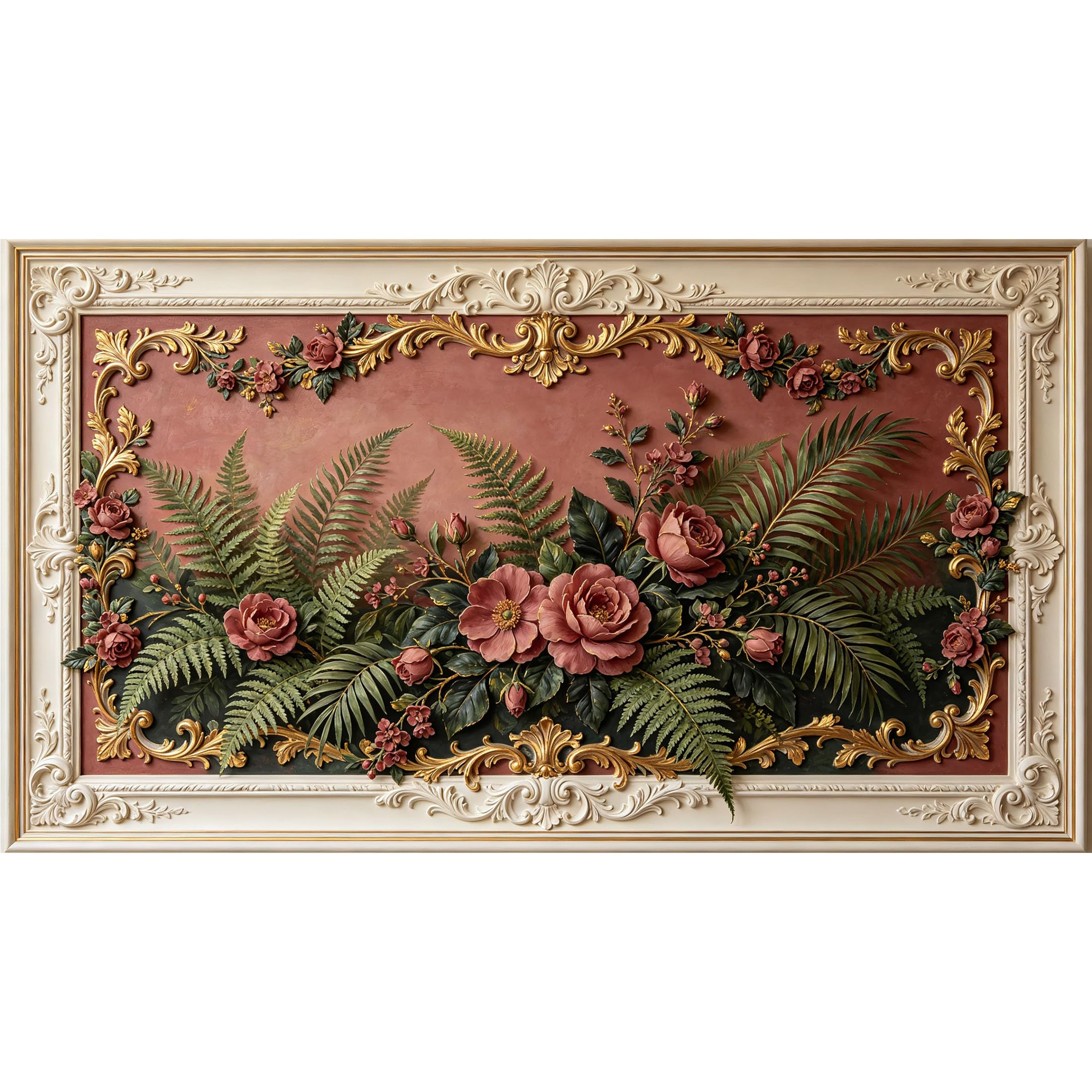 QZLITHOTIC 50x90cm3D Framed Wall Art， Vintage Botanical Floral Fern Pattern Self‑Adhesive Mural， Water‑Activated Peel & Stick Fabric Decor Wall Decal for Bedroom Living Room