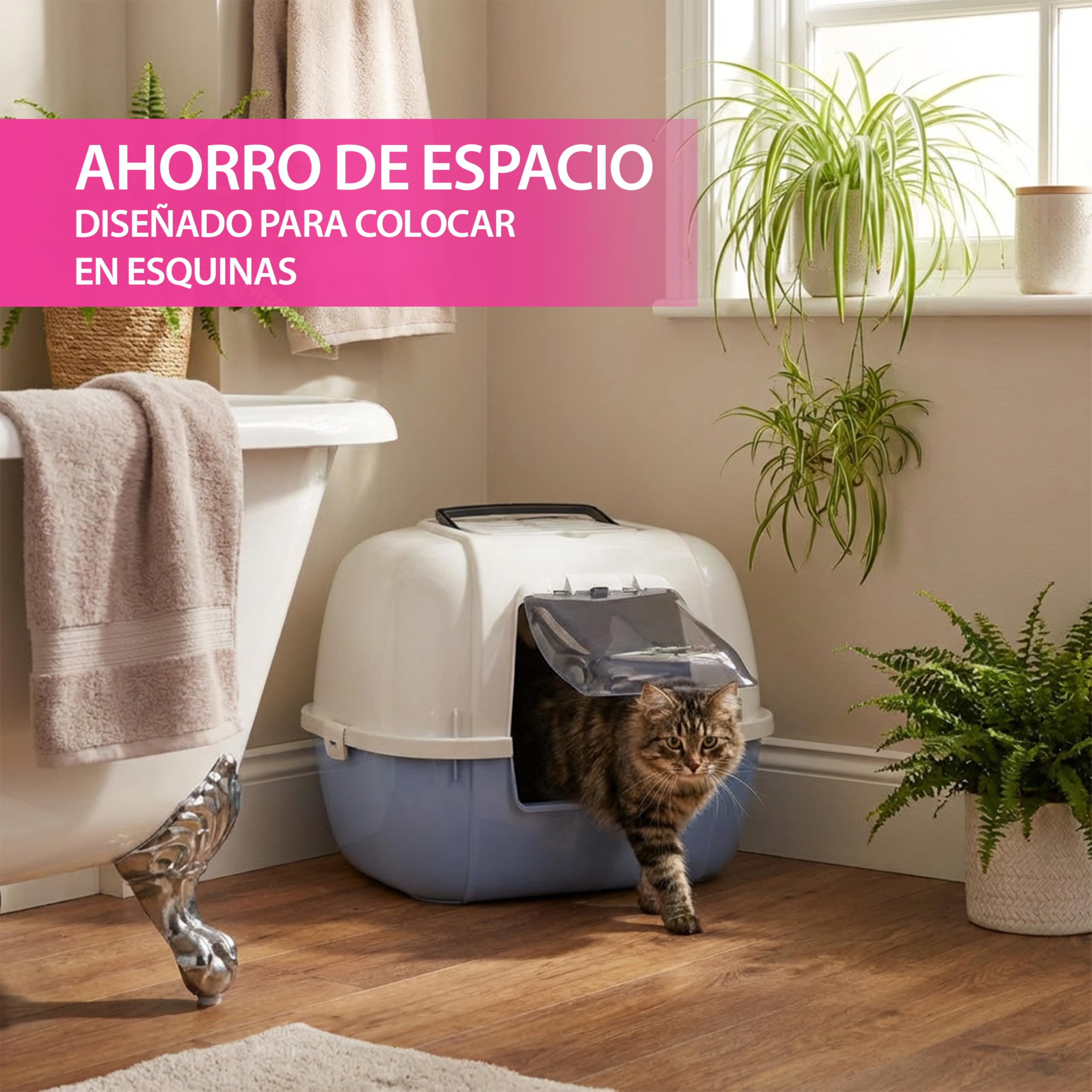 Ferplast Arenero Gatos Cubierto, Arenero Gato, 2 Filtros de Carbón Activado Antiolor Incluidos, Puerta Oscura abatible, 57,5 x 51,5 xh 42 cm, Arenero para Gatos Grande Mika, Azul