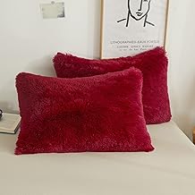 XeGe Faux Fur Fluffy Throw Pillowcases, Plush Shaggy Soft Furry Pillow Covers, Fuzzy Decorative Pillow Cases, Velvet Pillow Shams for Bed Couch Sofa Zipper Closure, Set of 2 (Standard, Red)