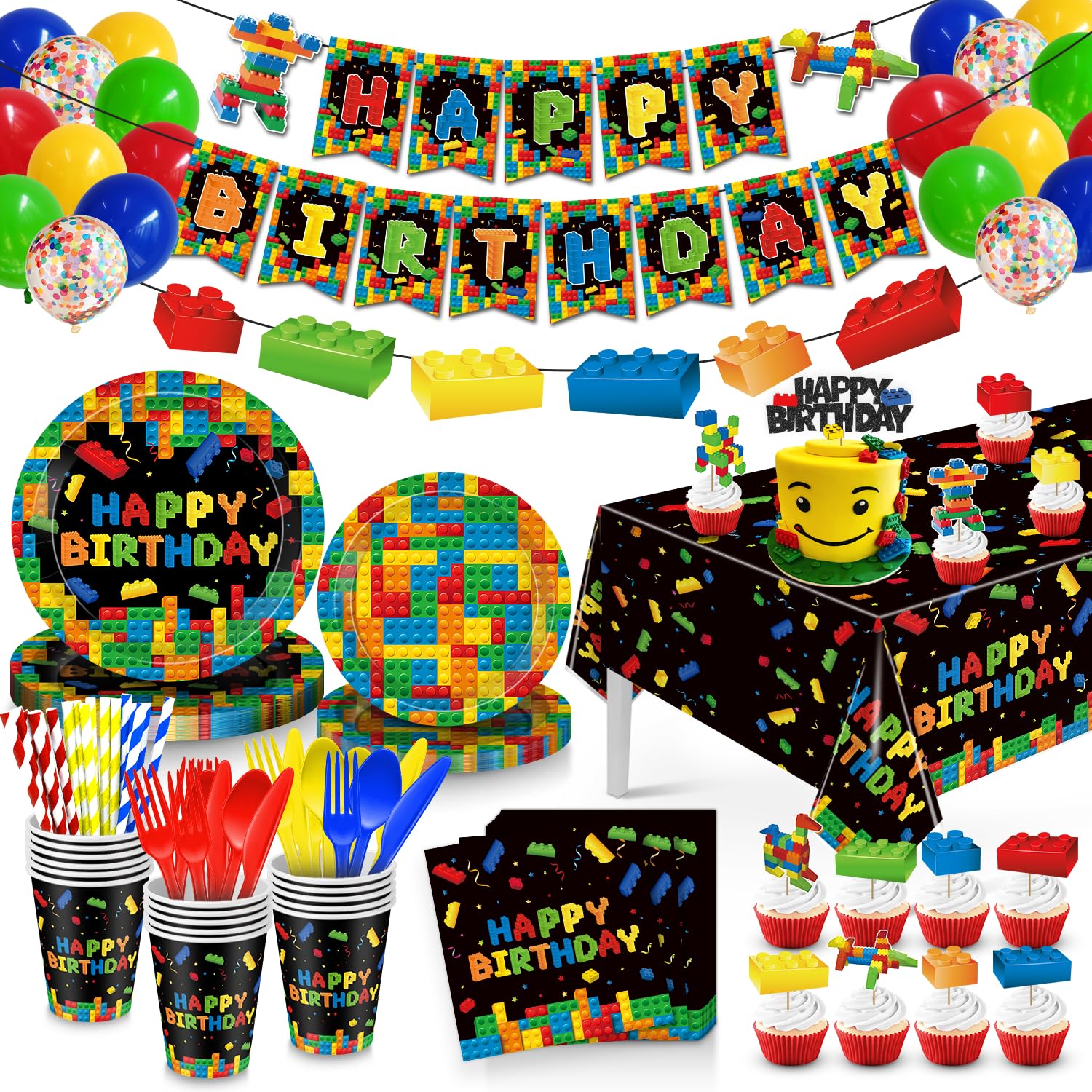 Building Block Birthday Party Supplies, Building Blocks Party Supplies Paper Plates Napkins Cups Tablecloth Banner for Multicolor Building Block Party