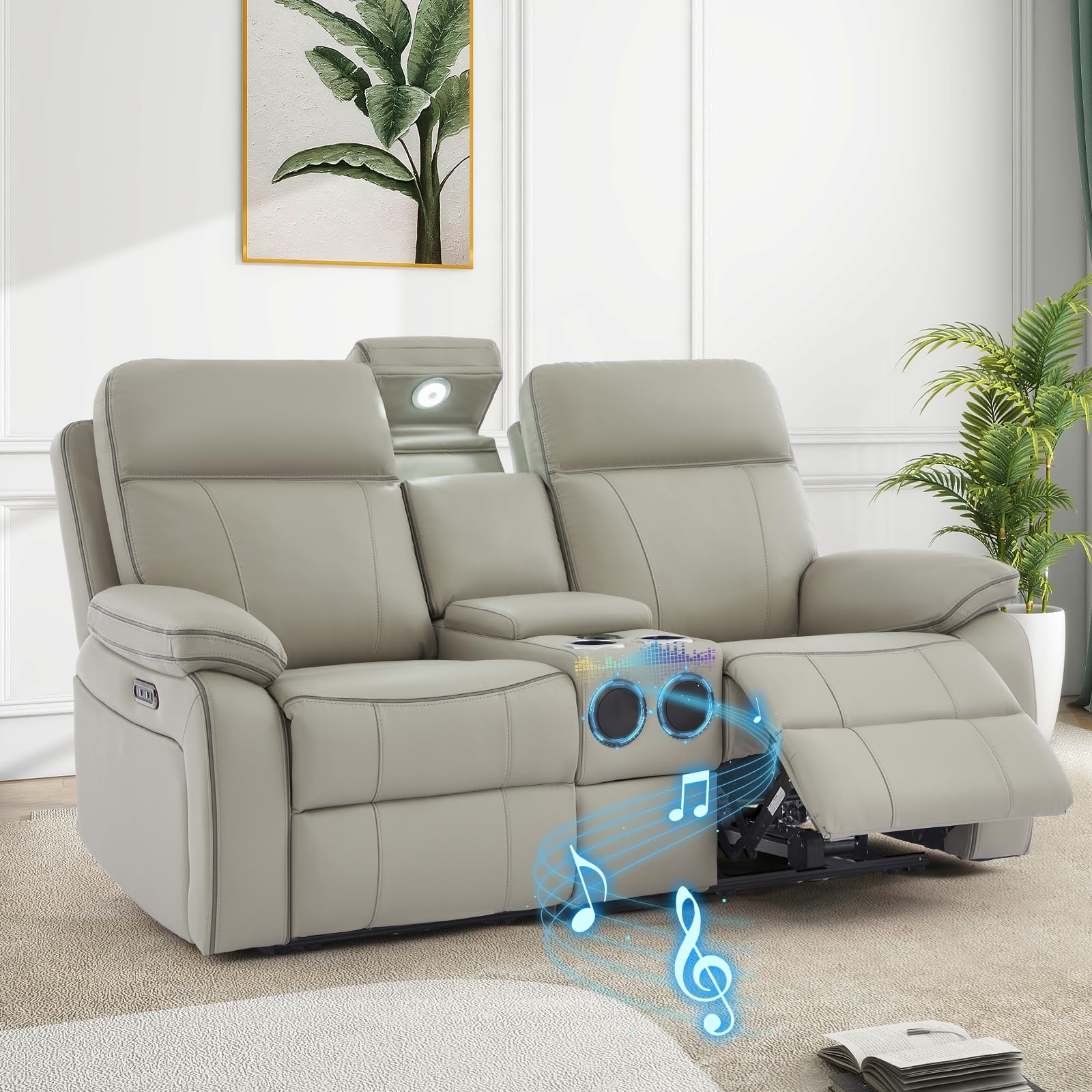Neptane Power Reclining Loveseat with LED Reading Light/Storage Drawer/Bluetooth Speakers, Power Loveseat Recliner Sofa Wall Hugger Reclining Loveseat