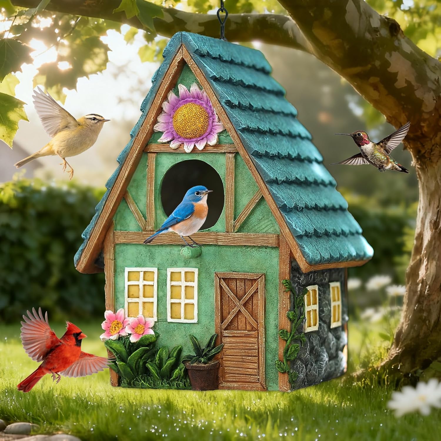 Bird Houses for Outside Cottage-Style Hanging Birdhouse with Flower Accents – Hand-Painted Resin Decorative Birdhouses for Outdoors for Bluebird Finches Cardinals Bird Nesting Garden, Patio, Yard