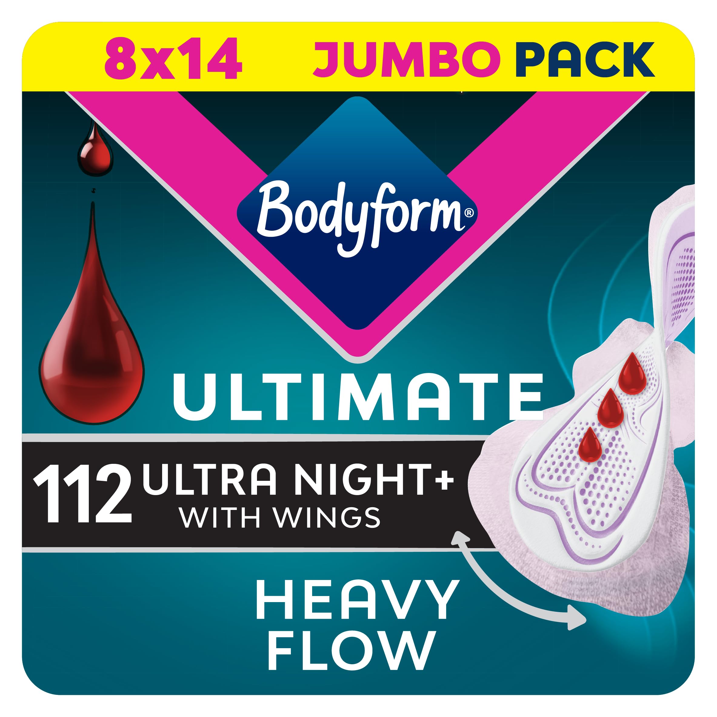 Bodyform Ultimate Ultra Night Sanitary Towels Wings 112 Pack, Heavy Periods