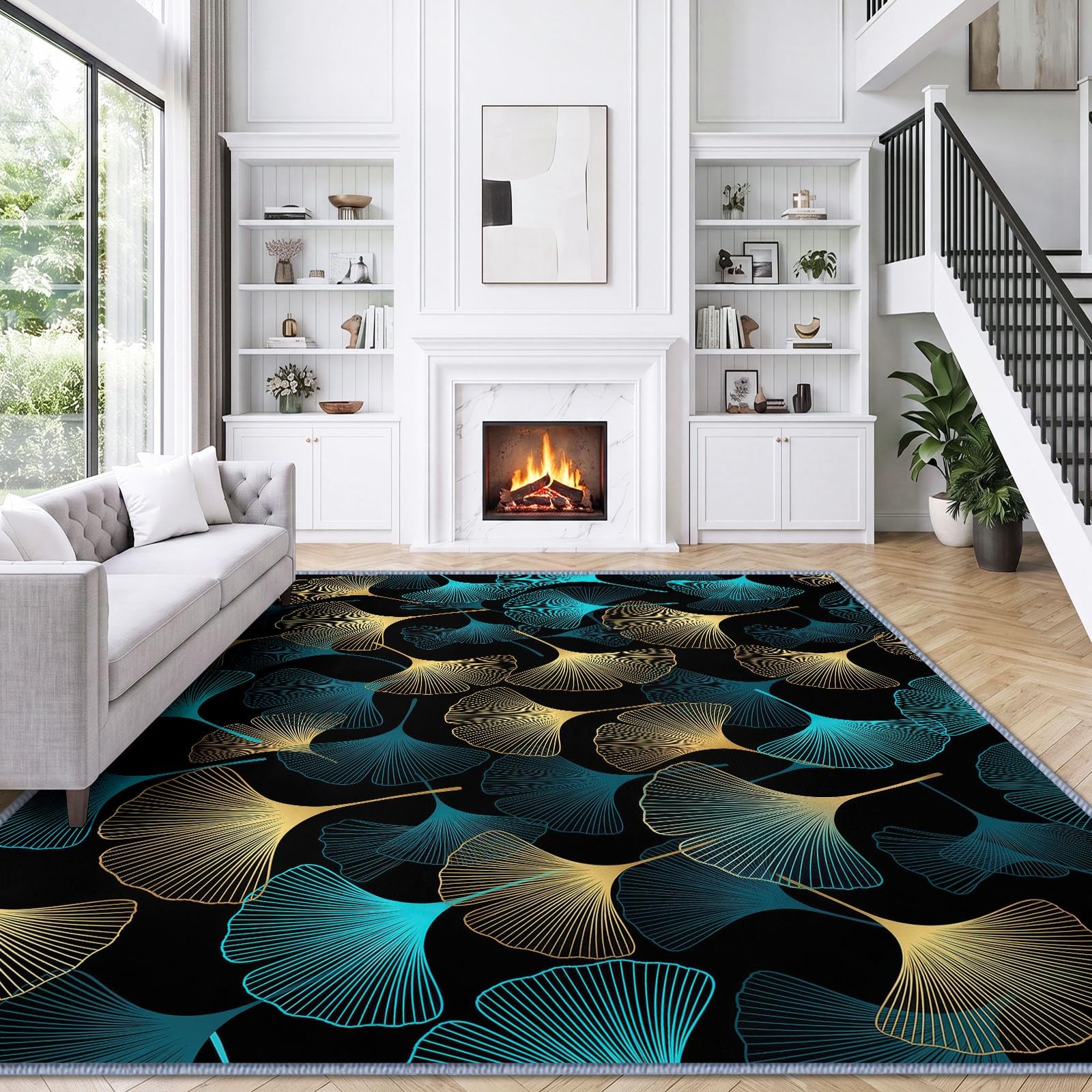 Waschbarer Wohnzimmerteppich 180 x 240 cm Abstrakt Fächerförmig Pflanze Ginkgoblatt Flauschig Weich Teppiche, Gelb Blau rutschfest Pflegeleicht Teppiche für Wohnzimmer Schlafzimmer Kinderzimer