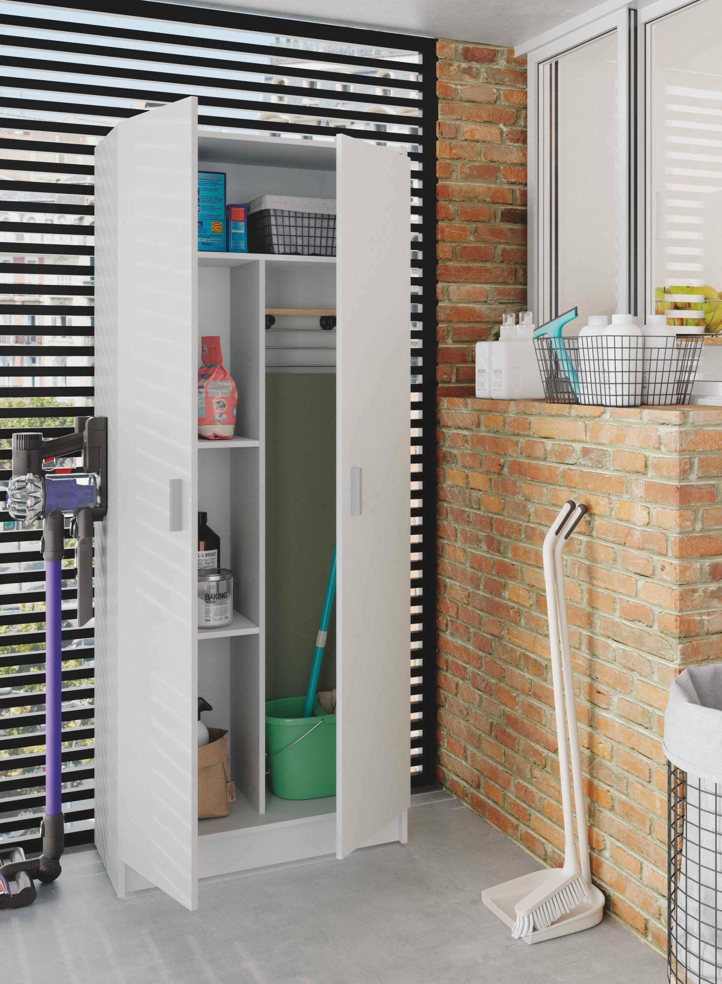 Dmora - Armadio multiuso 2 ante Charleston, Mobile porta scope, Scarpiera con ripiani, Guardaroba porta scarpe, cm73x37h180 cm, Bianco