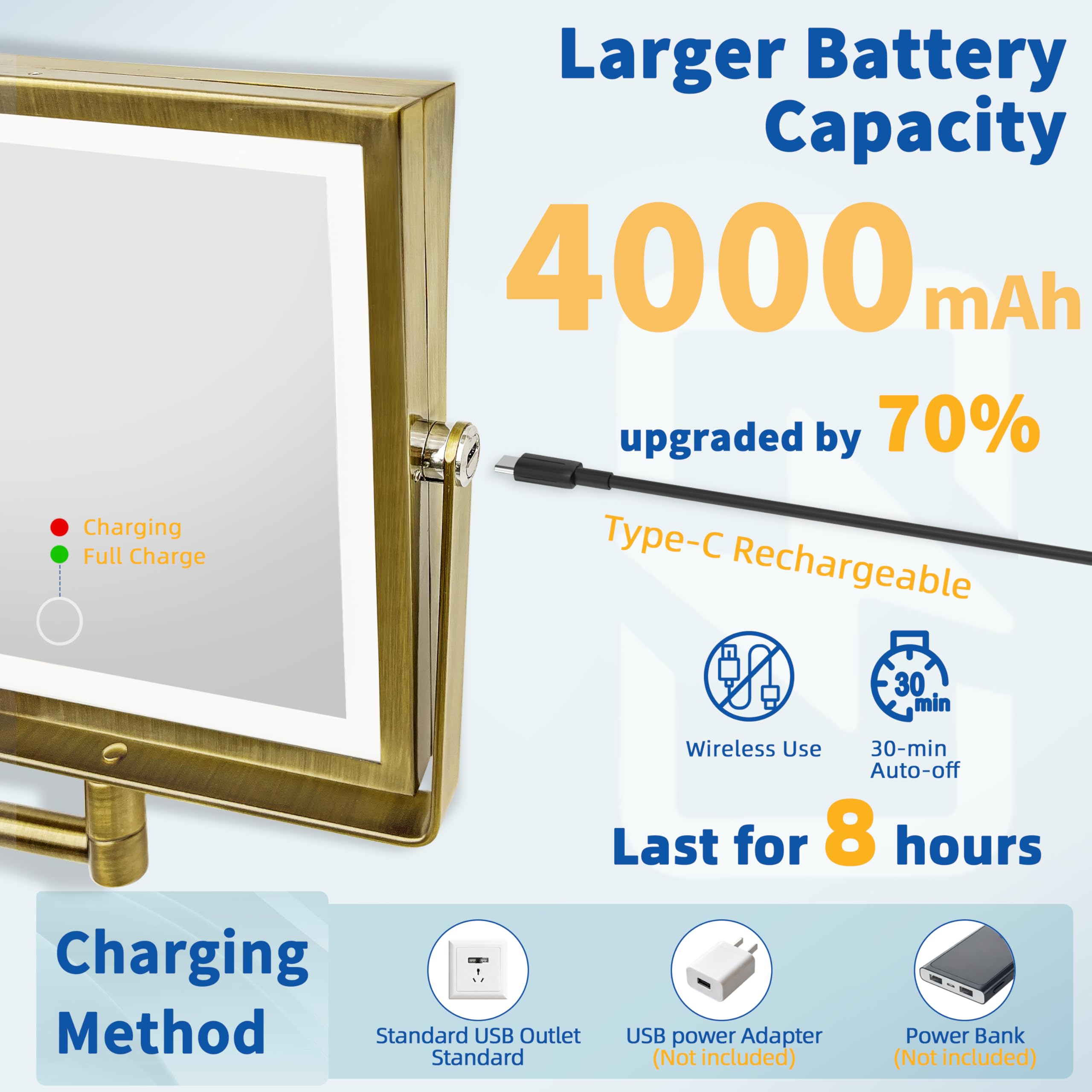 Ruacq Miroir de maquillage mural rechargeable avec lumières, miroir de courtoisie grossissant double face 1x/7x avec 3 lumières de couleur, écran tactile à intensité variable, rotation à 360° bras