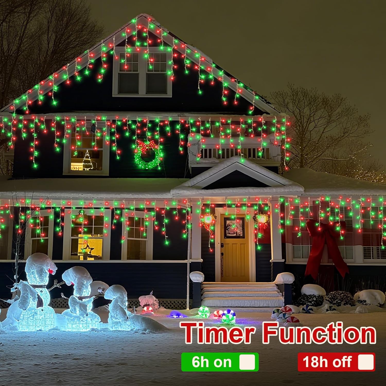 QITONG Red and Green Icicle Lights for Outside, 66ft 800 LED String Lights Indoor with 8 Modes, Clear Wire Connectable Icicle Christmas Lights Plug in