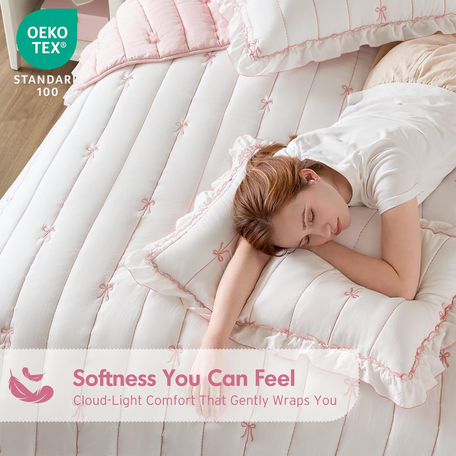 Intelligent Design Liv Queen Bow Embroidered Quilt Set, Pink Ruffle Cottagecore Bedding, Reversible Down Alternative, Ultra Soft All Season, 3 Piece, Full/Queen