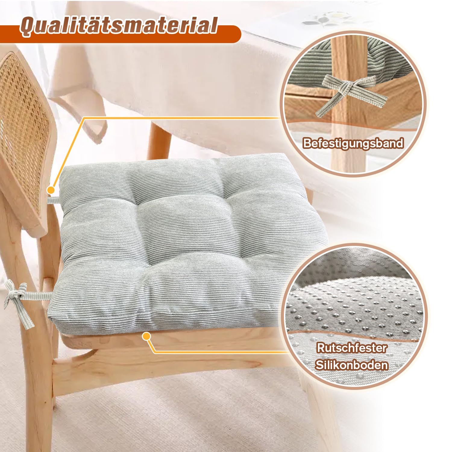 Cozy - Confezione da 2 cuscini quadrati per sedia, 80 x 80 x 6 cm, morbidi cuscini in corda marrone chiaro, con laccetti, per giardino, cucina, sala da pranzo, comodi cuscini imbottiti