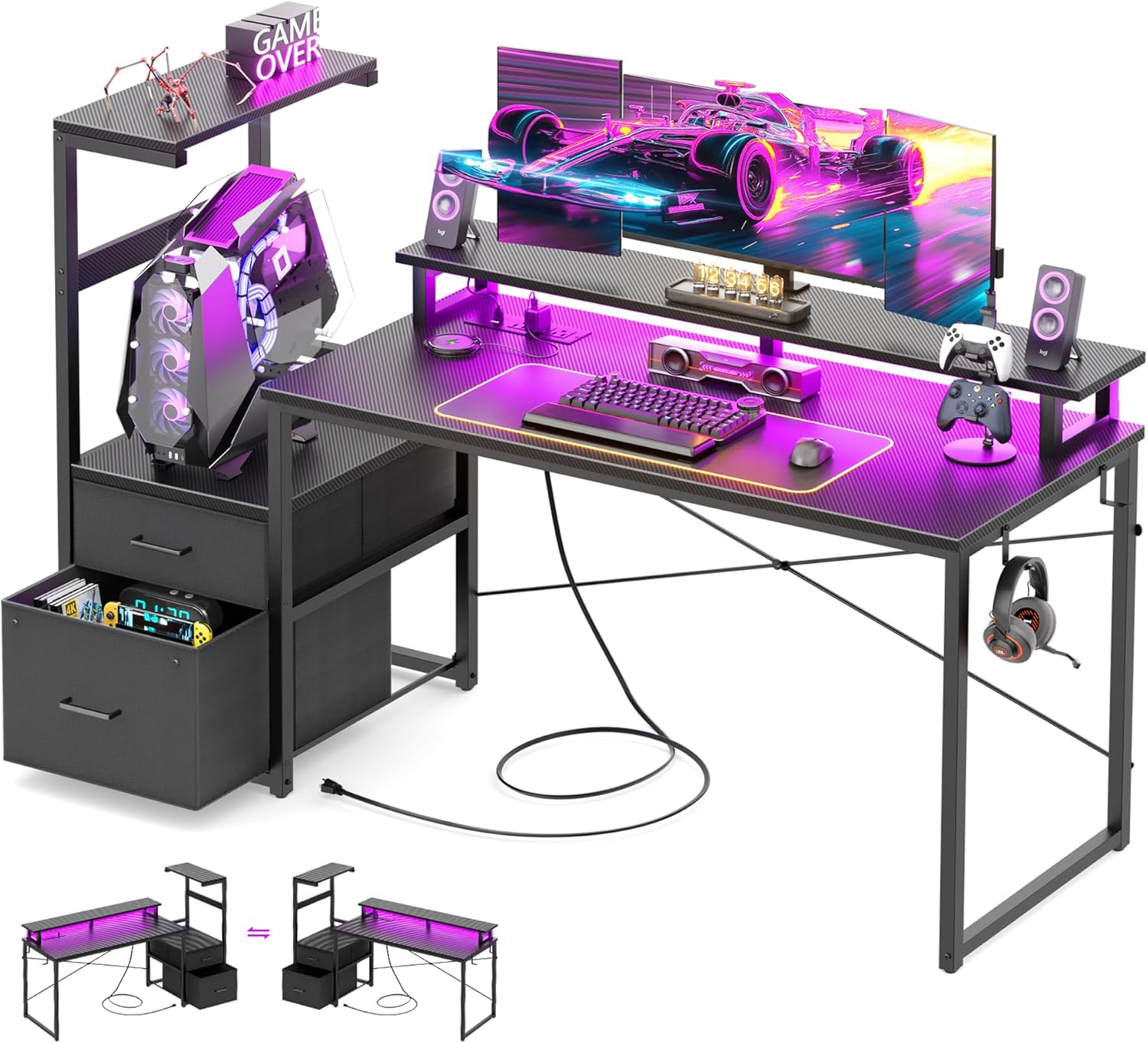 Aheaplus Gaming Desk with LED Strip & Power Outlet, 59Inch Reversible Computer Desk with Monitor Stand & Storage Shelves, Home Office Desks with Fabric File Drawer, PC Gamer Table, Carbon Fiber Black - Image 3