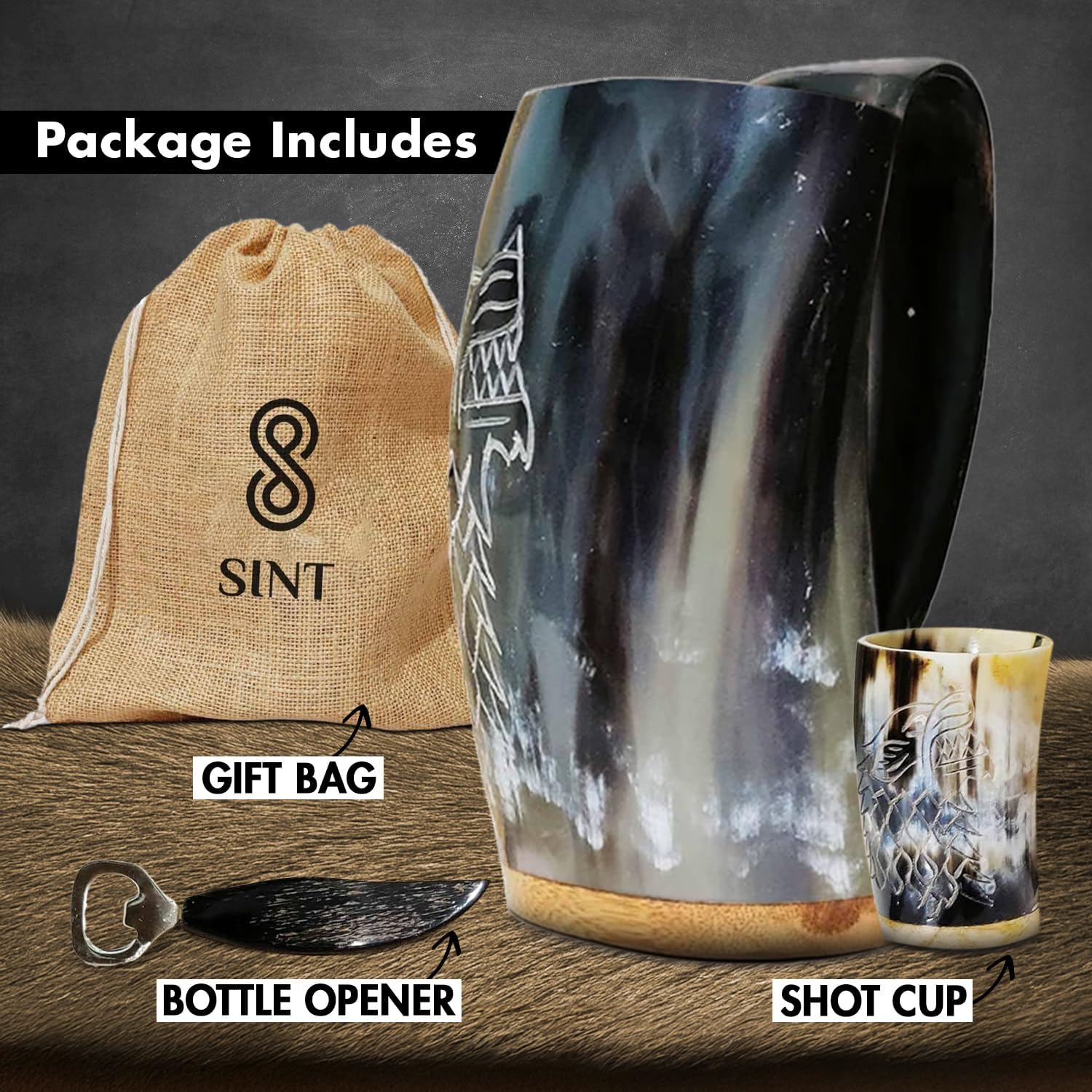 Viking Horn Mug With Gift Bag - Food Grade Medieval Style Man's Beer & Mead Cup (The Wolf/Fenrir-Engraved Polished)