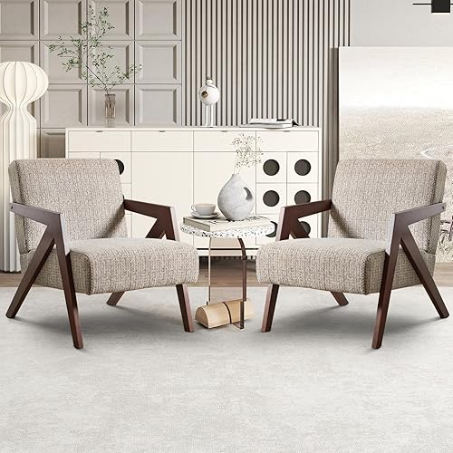 Miniatura 53 de INZOY Silla moderna de mediados de siglo con marco de madera, sillón tapizado con cojín de cintura, silla decorativa para sala de estar, dormitorio,