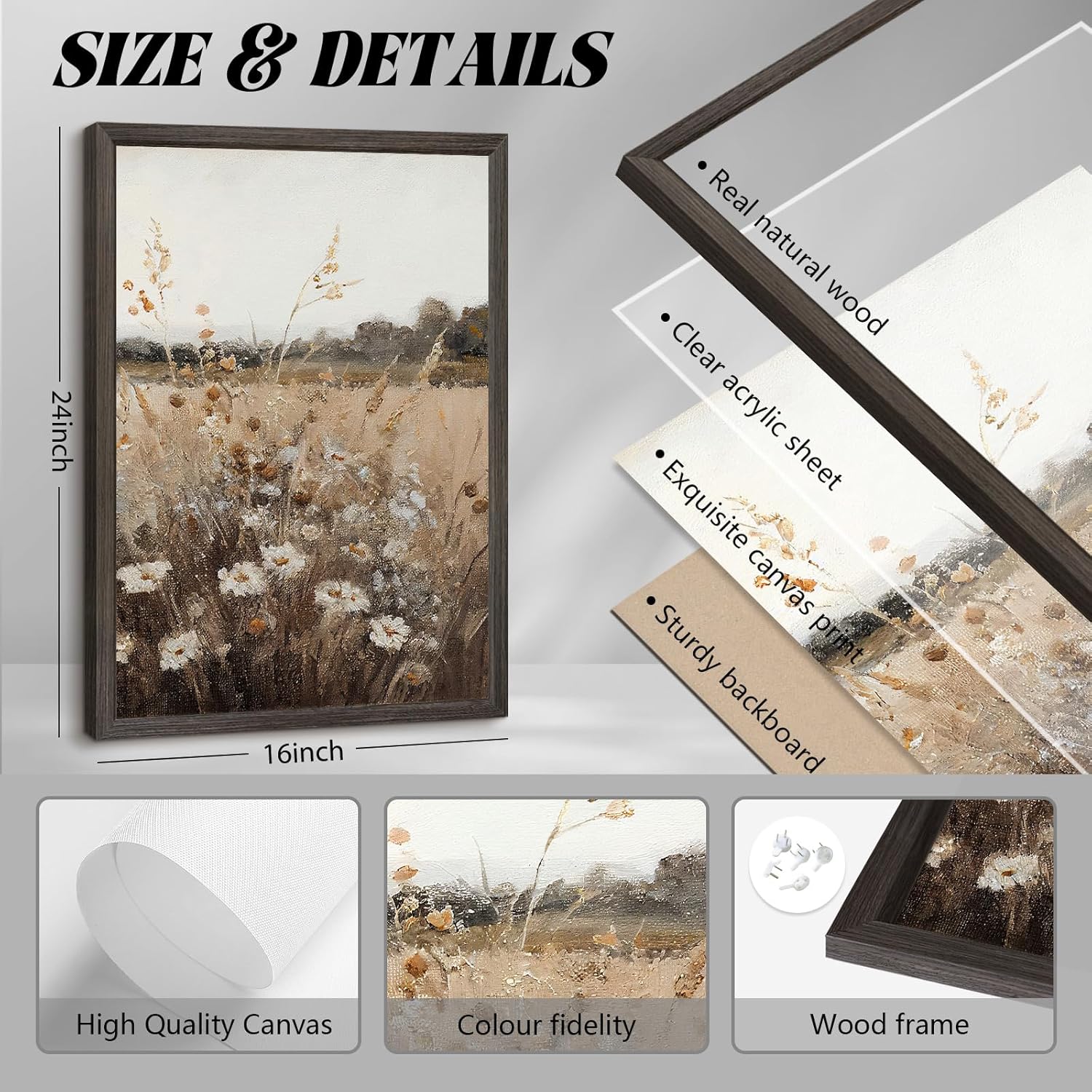 wildflower botanical wall art decor set of 2 vintage canvas wall decor landscape field wall art pictures farmhouse prints landscape painting vintage artwork for room bedroom 16x24 inch framed framed flower prints 24"l x 16"w