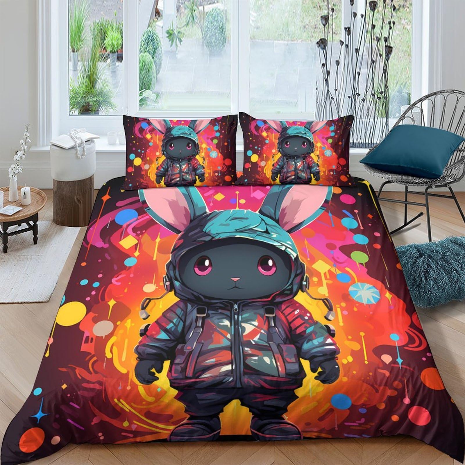 Ctjqhvkz Style-5 3D Printed Cartoon Bunny Fitted Sheet Microfiber Warm Colourful Graffiti Mattress Cover For Bedroom Home Decor Single（135X200cm）