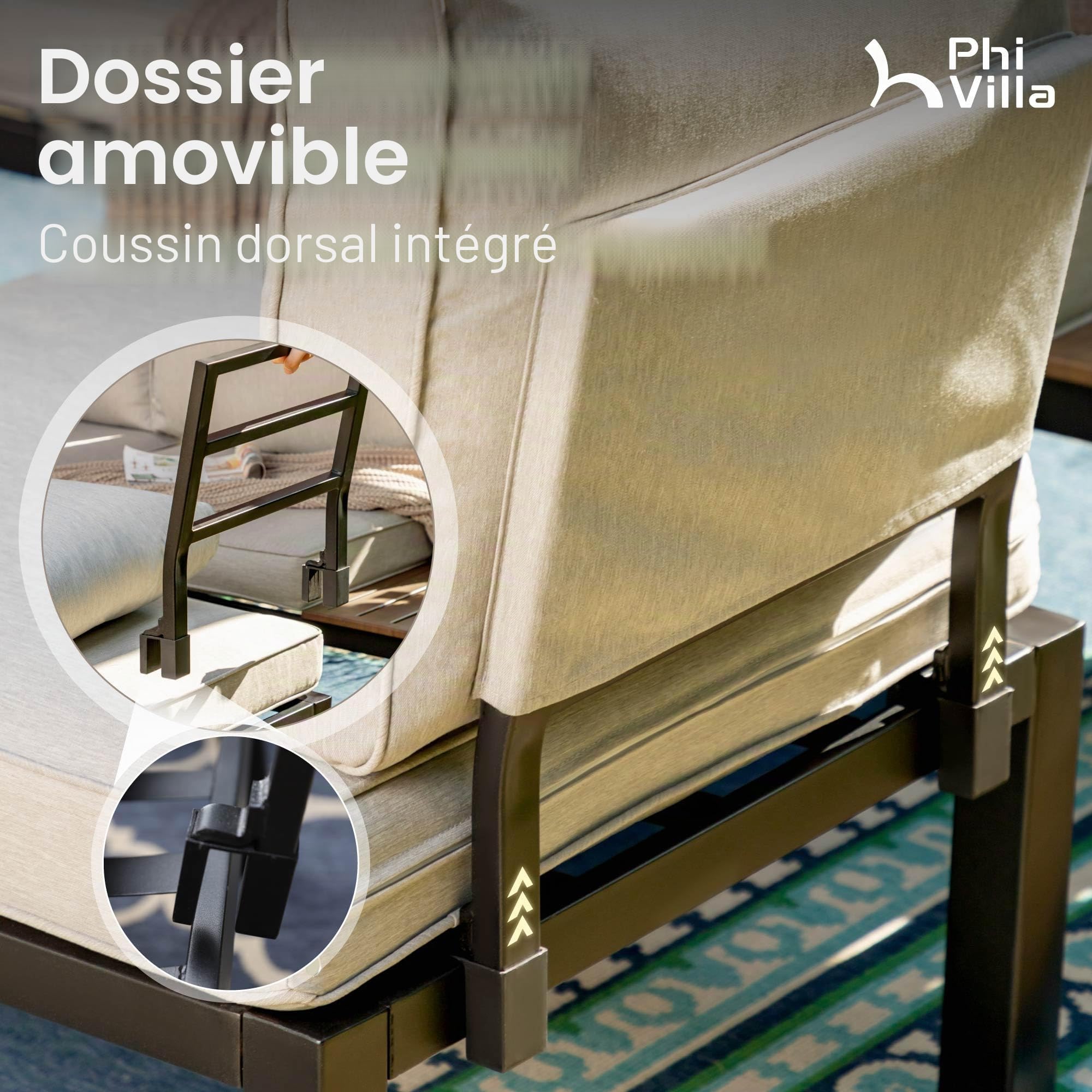PHI VILLA Ensemble de meubles de jardin de balcon 5 pièces en métal - Salon de jardin d'extérieur 6 places - Mobilier de terrasse modulaire avec coussins renforcés et table basse - Beige