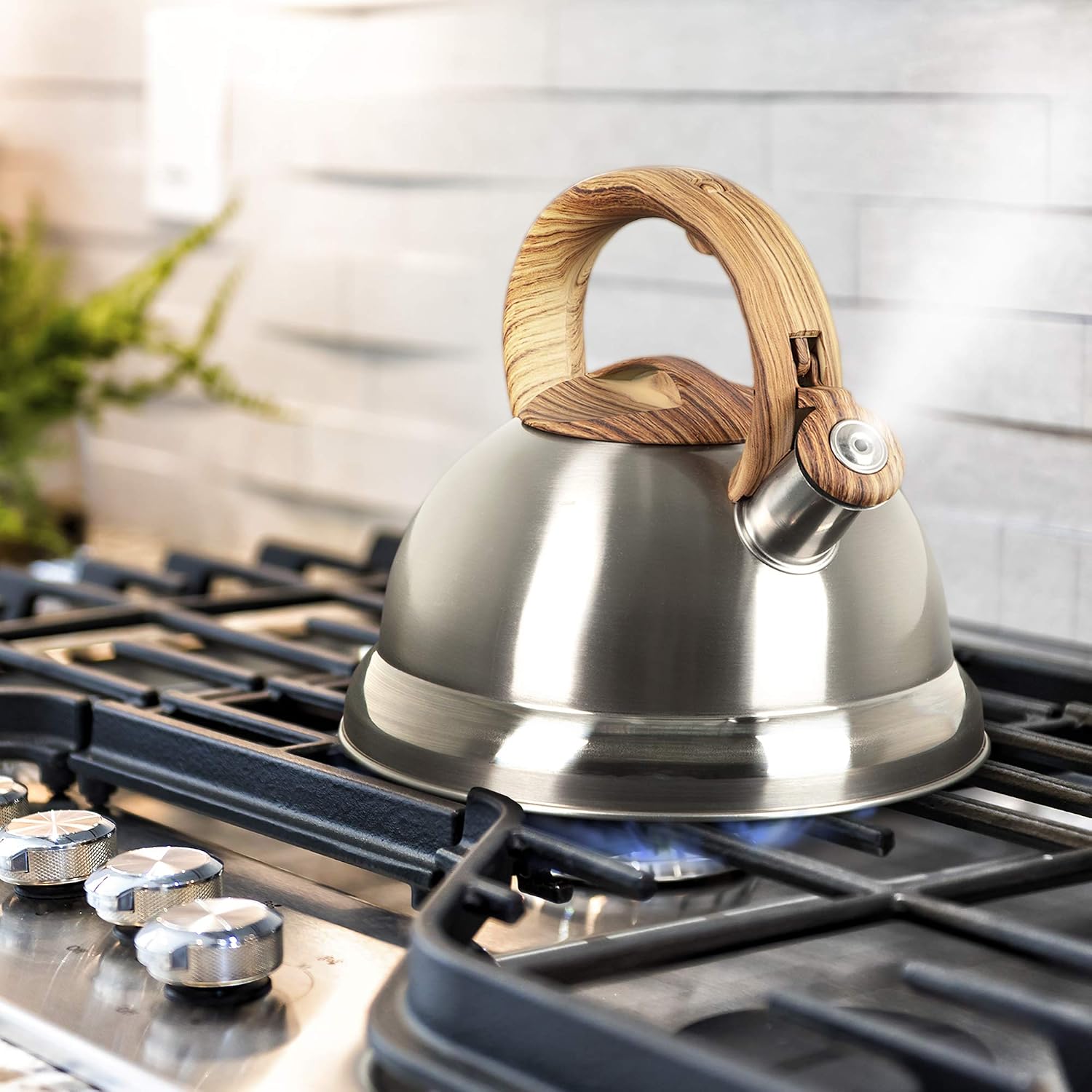 Whistling Tea Kettle with 5 Layer Bottom, 2.4 Quarts, Brushed Stainless Steel - Modern, Polished Tea Pot with Wood Grain Handle for Gas, Electric, Induction, Ceramic Stovetops - Cooktop Kettles