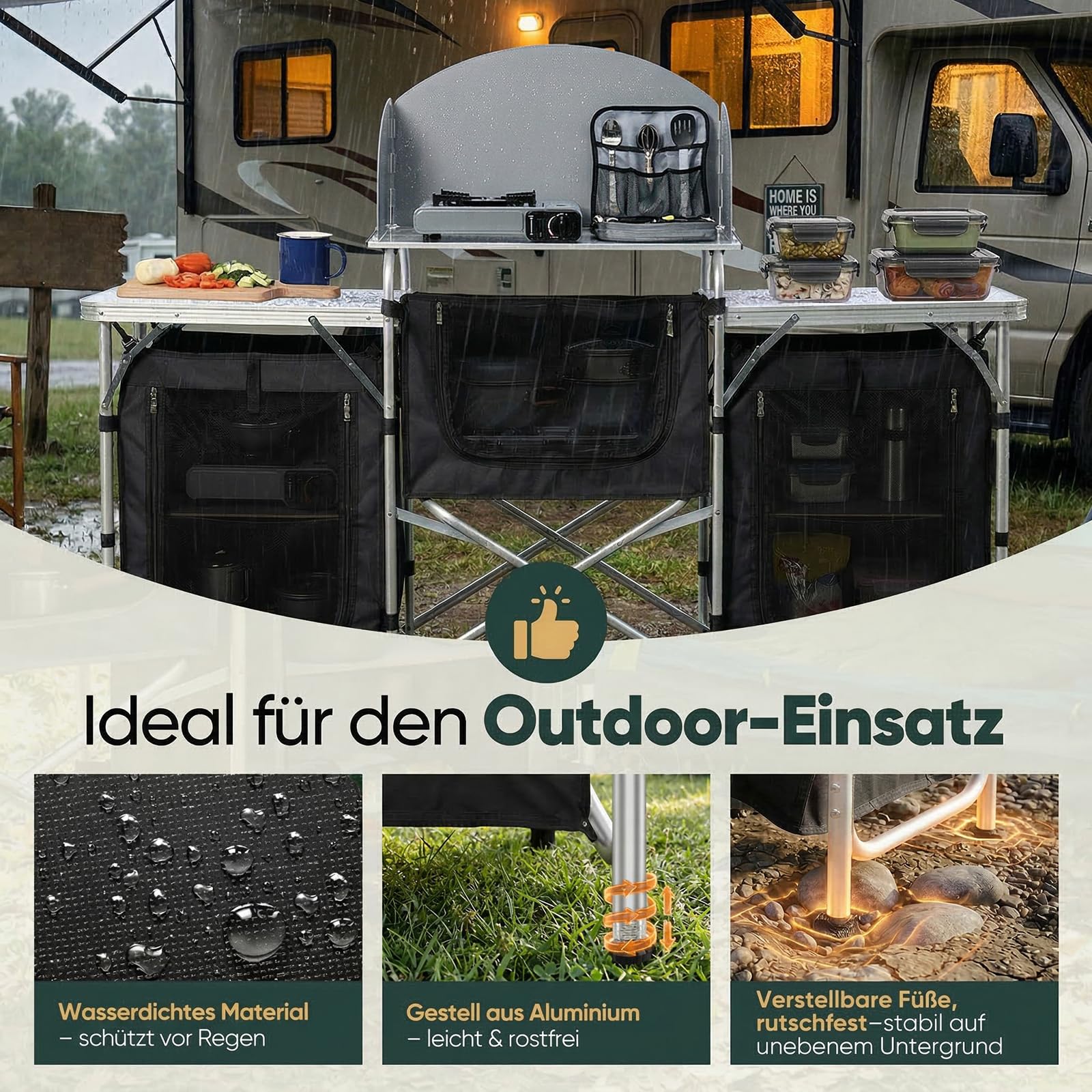 Sekey Campingküche Faltbar, Campingschrank mit Arbeitsplatte und Staufächern, Outdoor Küchenschrank mit Aluminiumgestell, Ink. Tragetasche, Mobile Schränke für Outdoorküche, Vorzelt, Wohnwagen