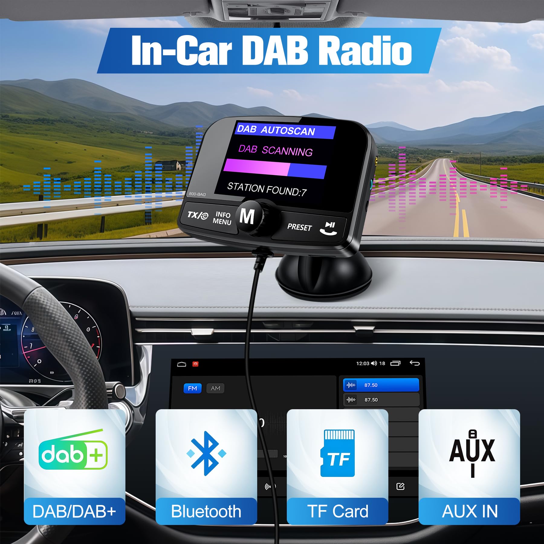 LanBlu DAB Adapter für Autoradio, DAB Adapter Stereoanlage 6.1cm Buntes Display, FM Transmitter DAB+ für Autoradio mit Bluetooth Freisprecheinrichtung, DAB+ Adapte Empfänger Musikplayer+Aux In/Out