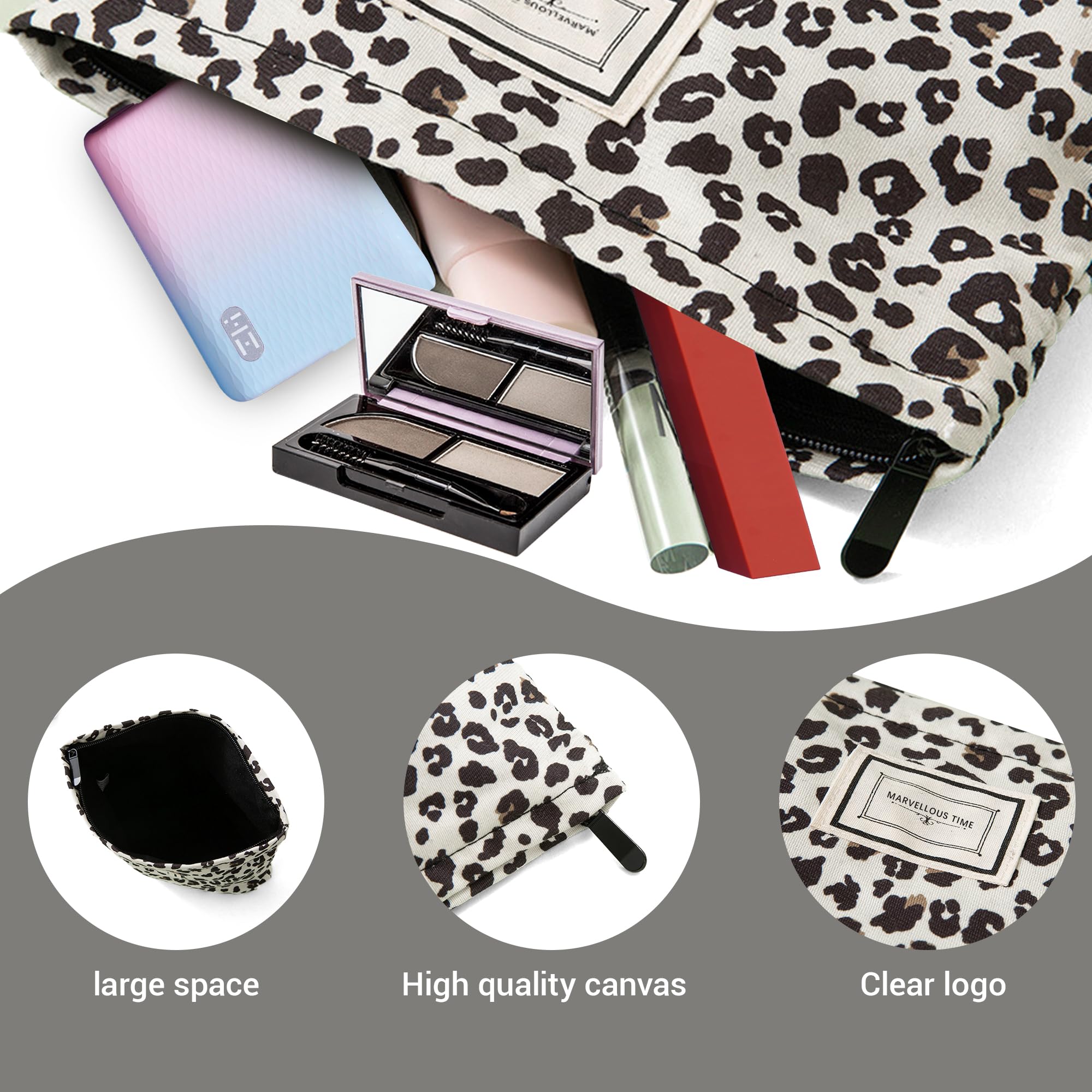 1Pc Leopard Print Makeup Bag Soft to Touch Canvas Cosmetic Pouch Easy to Carry Waterproof Travel Toiletry Organizer with Zipper for Women Girls 20x25cm - Image 3