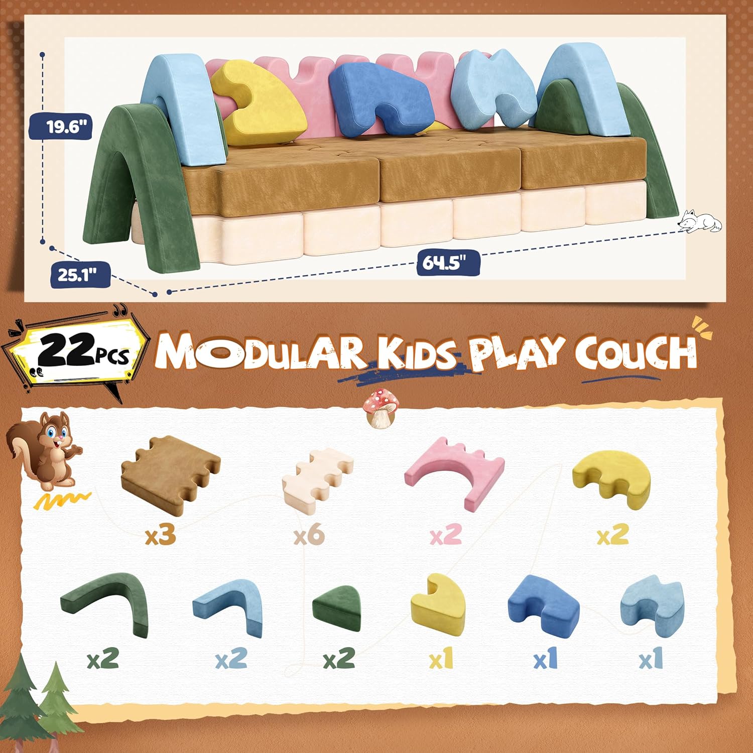 CoziBB 22Pcs Modular Kids Play Couch, Toddler Couch with Convertible and Multifunctional Foam for Inspiring Child Creativity, Kids Couch for Playroom Bedroom - Junlge Theme