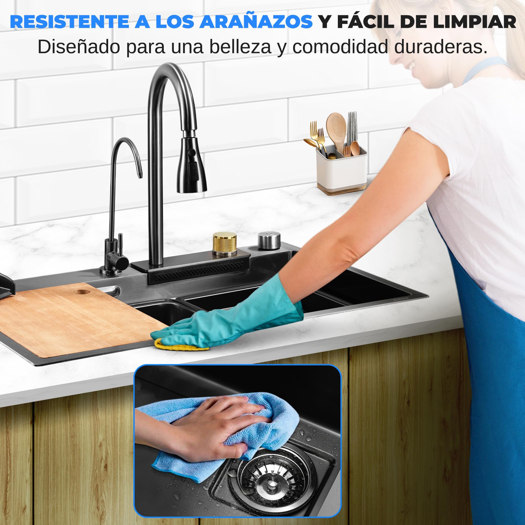 Serenelife fregadero cocina, Con grifo, Rejilla de drenaje, Canasta coladora, Tavla de cortar, Lavavasos, Acero inoxidable, Instalacion bajo o sobre encimera