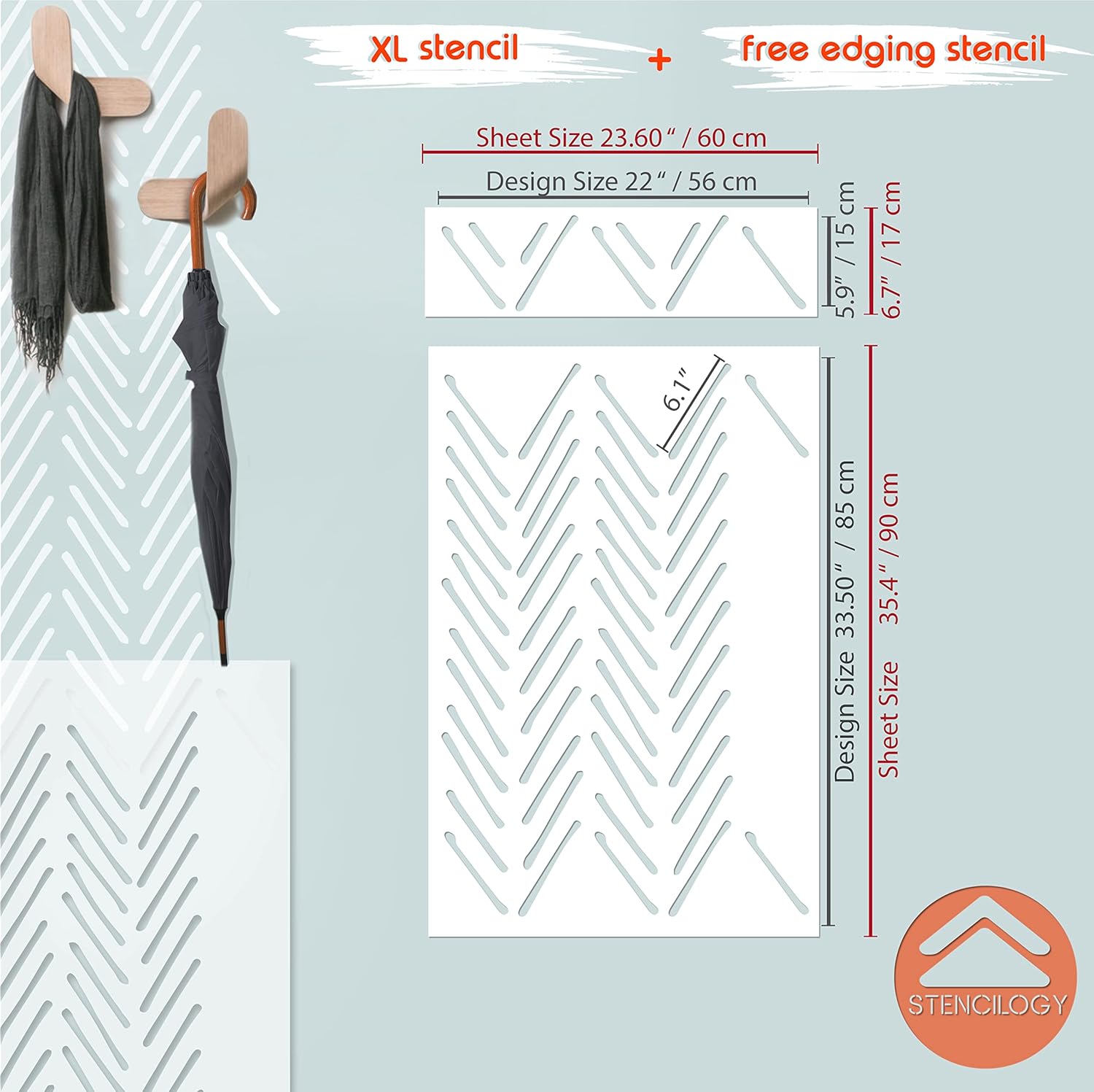 STENCILOGY® / Volga - 24" x 36" XL Wall Stencil, Herringbone Hand Drawn, Large Allover Wall Stencils for Painting, Stencils for Walls, Minimal Stencil Pattern