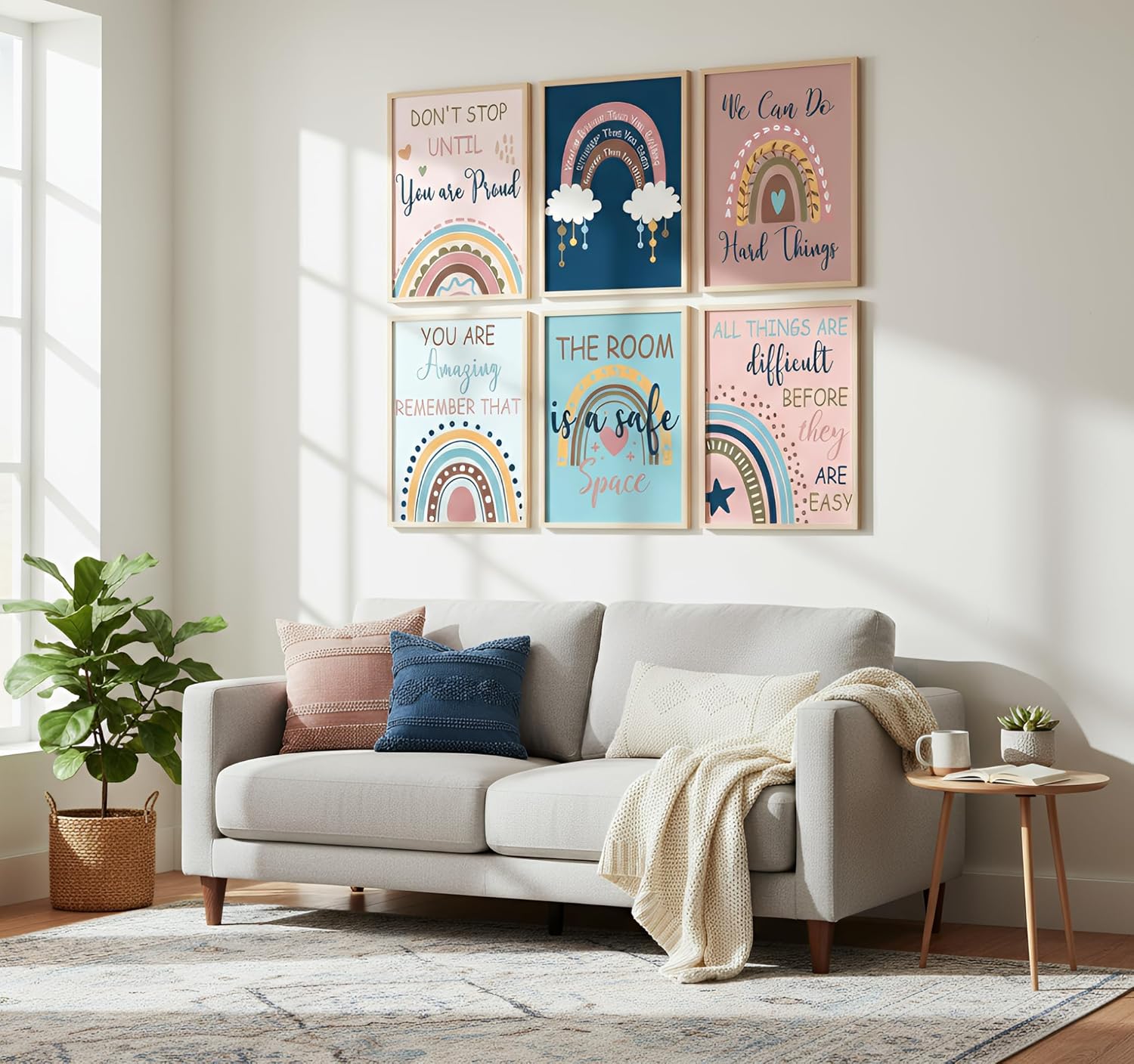 6Pcs color Boho Rainbow Canvas Wall Art Girls motivational Self-affirmation Posters Prints Kids Room Rainbow Classroom Wall Decor Pictures for Classroom Nursery Living room bedroom home decoration
