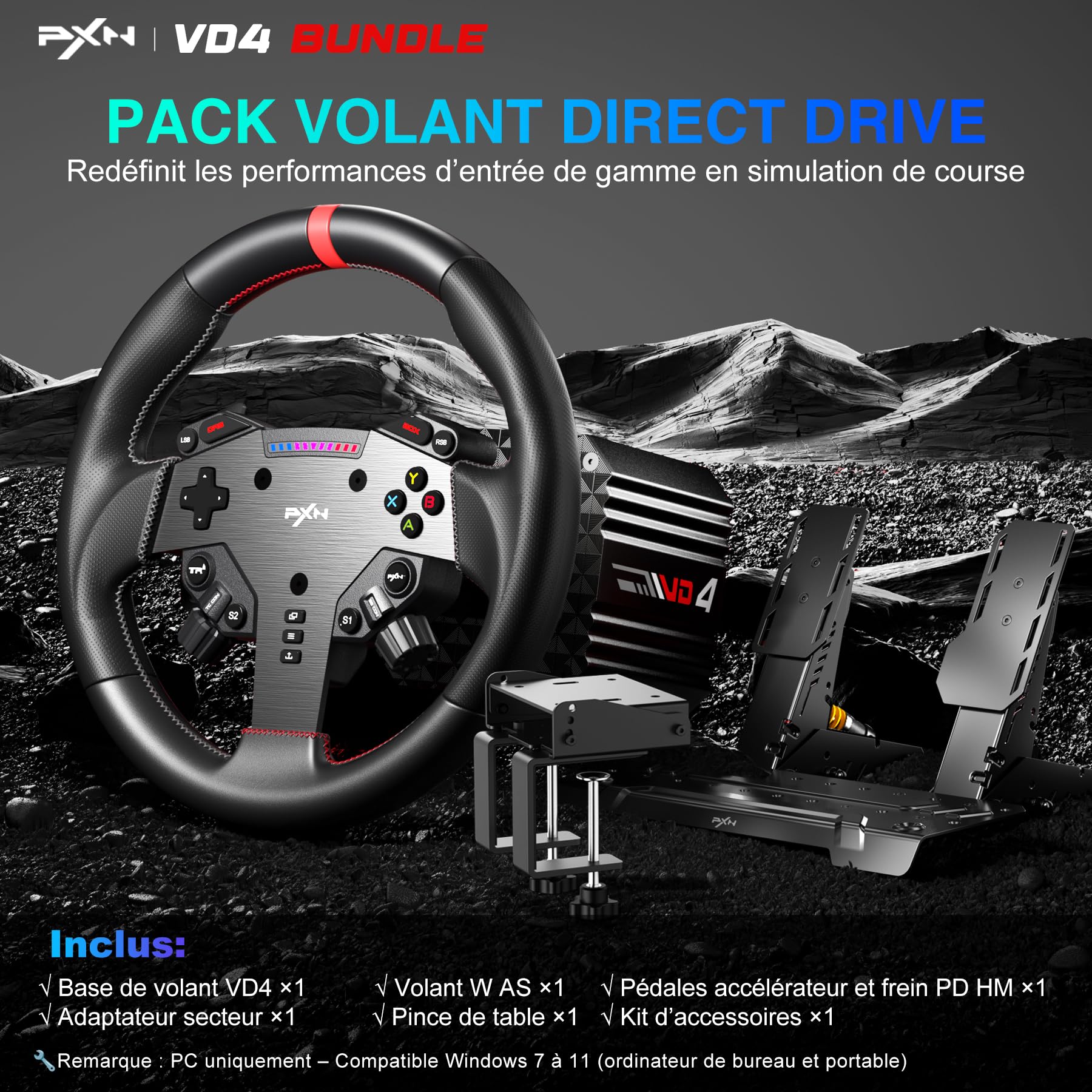 PXN VD4 Pack Volant de Course Direct Drive – Base Servo-Moteur 4 Nm avec Système de Fixation Rapide, Volant W AS, Pédales PD HM Frein & Accélérateur, Table Clamp – Compatible PC Windows