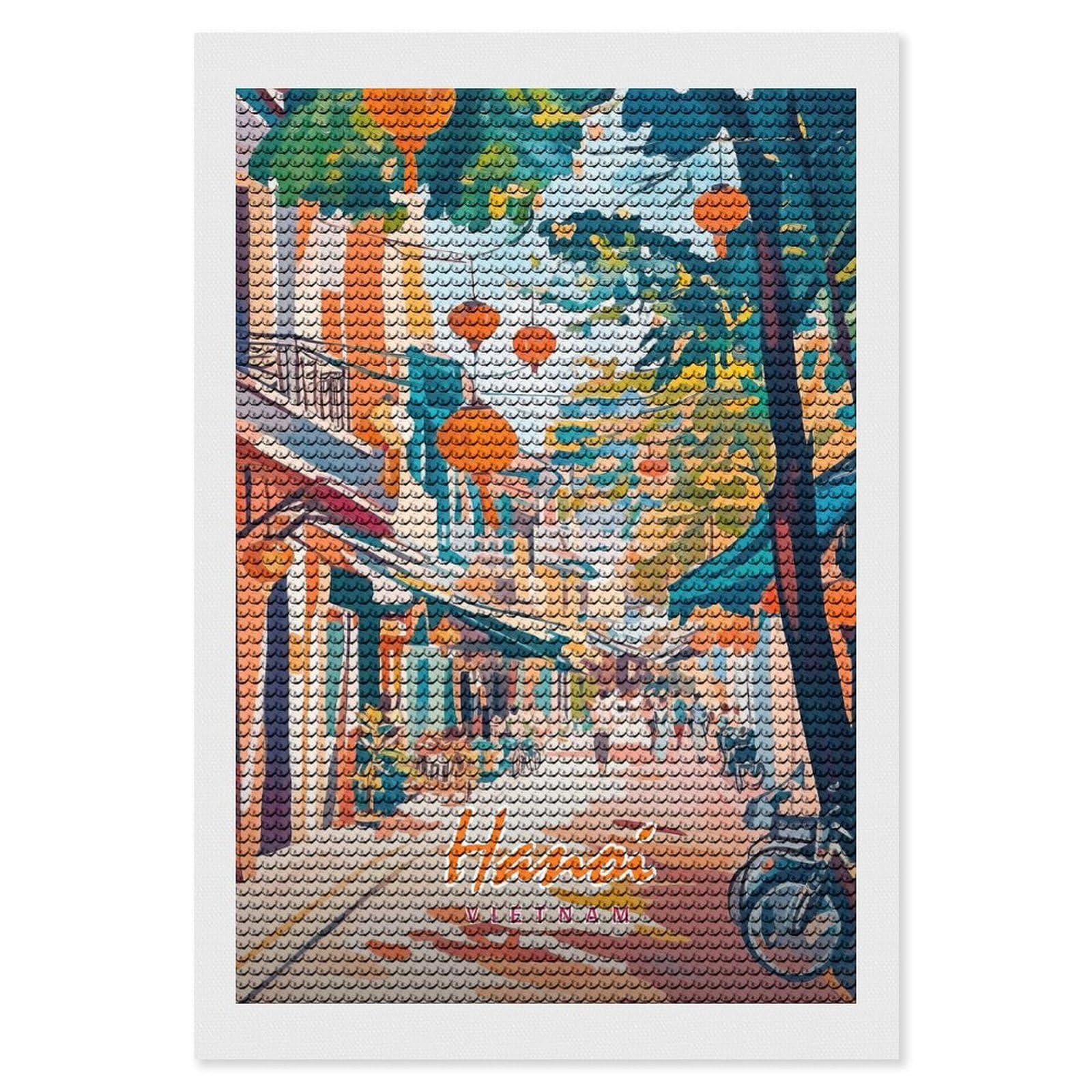 Junmoney Hanoi Street Scene Diamond Painting Canvas Set 8"x12", for Adults, Sparkling Round Gems, Thoughtful Handmade Gift, Modern Decor