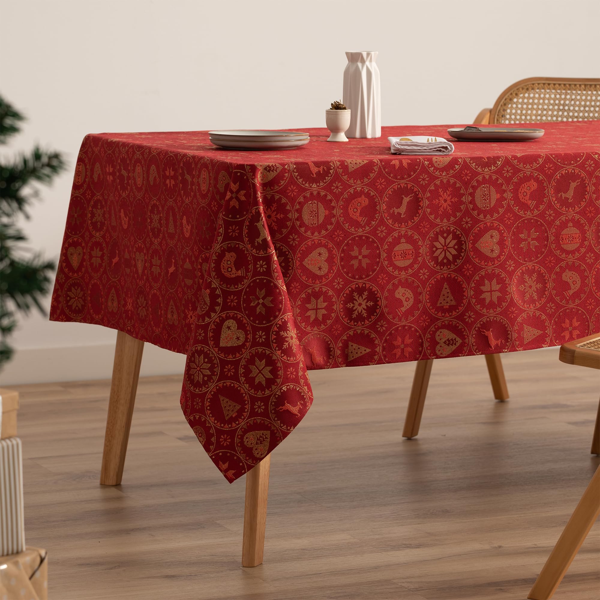 GAMUSI Mantel Navidad Jacquard Hilo Dorado Mesa Comedor Rectangular Decoración Navideña 140x100 cm Color Rojo