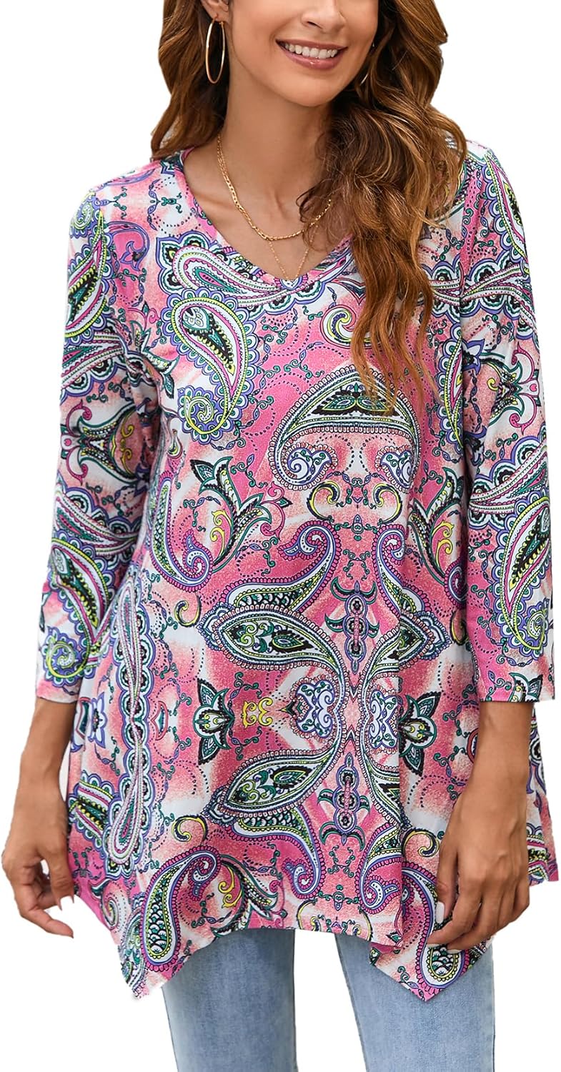 ENMAIN Womens Tops 3/4 Sleeve Plus Size Tunics to Wear with Leggings Dressy Casual Loose Blouses Swing Flare T-Shirt S-5XL