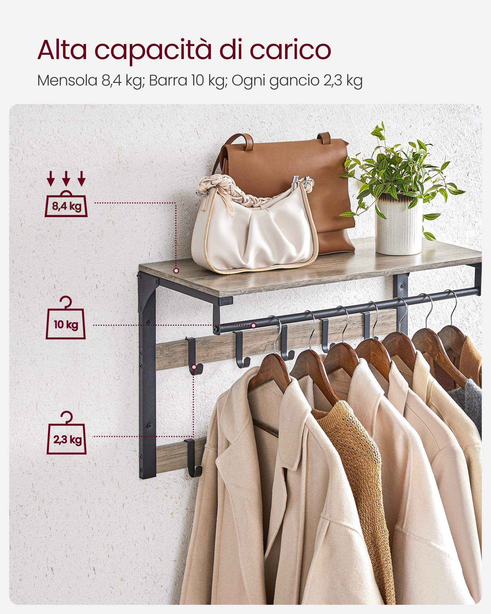 VASAGLE Appendiabiti da Parete, Mensola da Muro con 10 Ganci Rimovibili a 2 File, Barra Attaccapanni, per Ingresso Camera da Letto Bagno, Greige e Nero LCR101B02