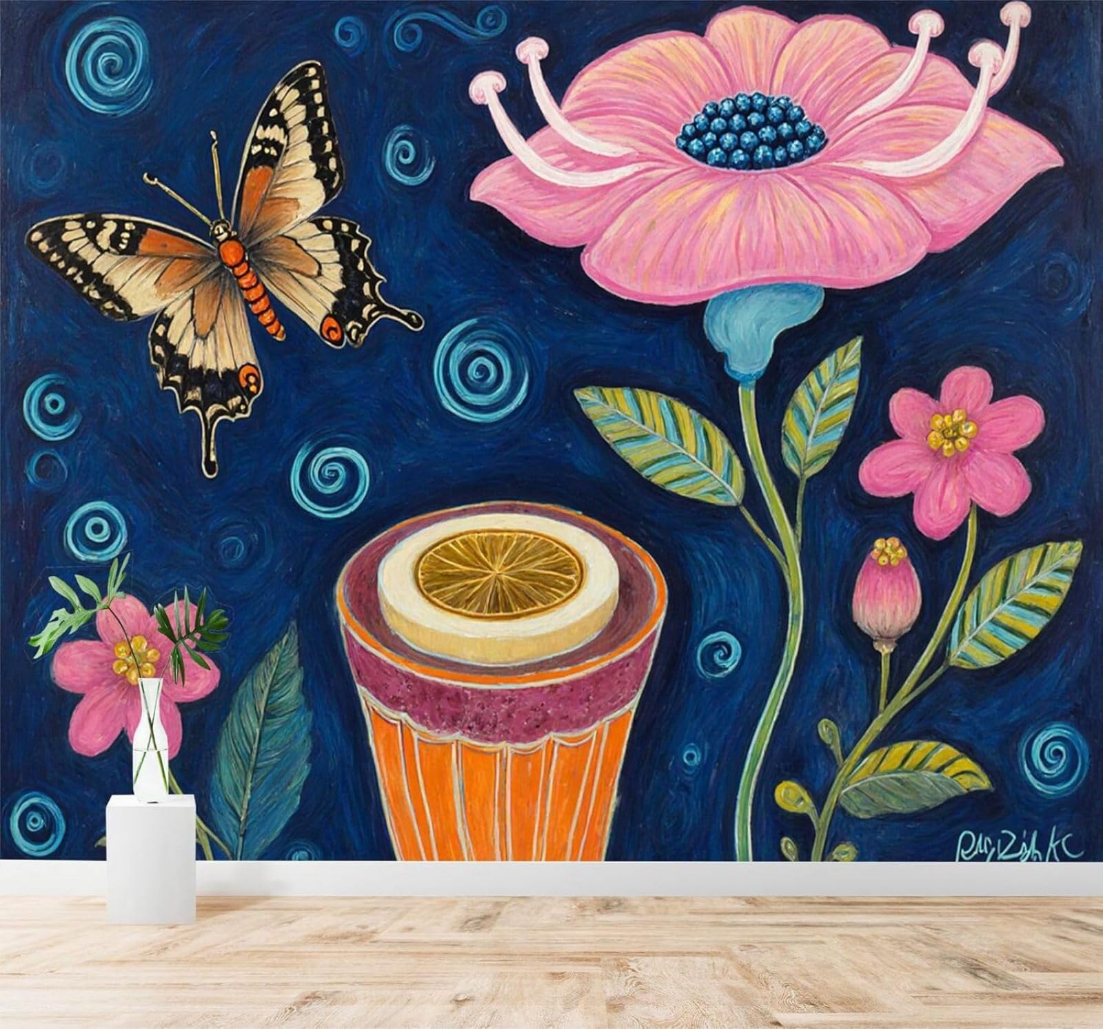 Tzxztt Colourful Butterflies Pink Flowers Abstract Blue Swirl Modern 3D Wallpaper Premium Textured Silk Neutral Tones Material Ideal for Living Room Bedroom-250cm×170cm