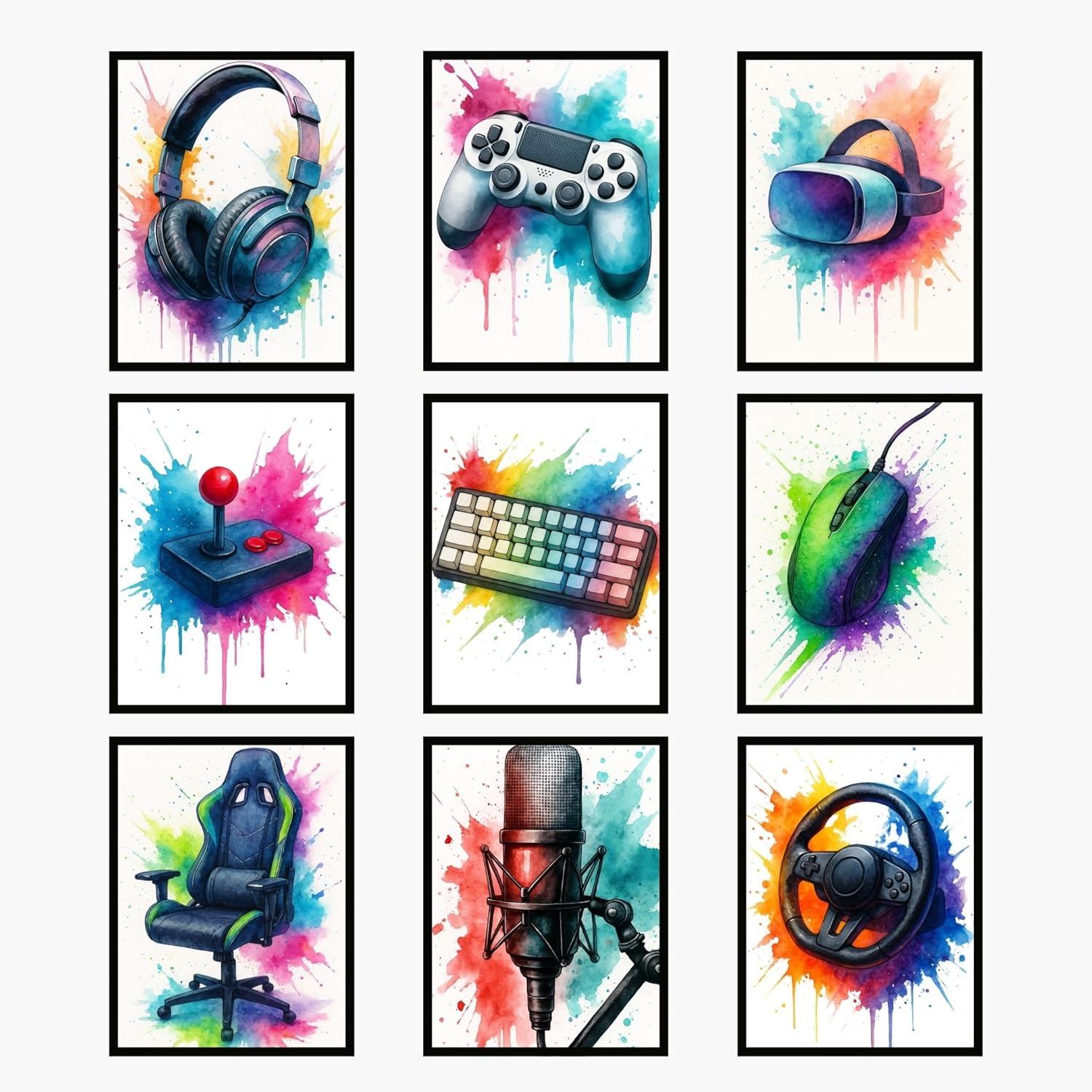 Video Game Room Decor Posters Set of 9, Watercolour Style Canvas Gamer Wall Art Prints, Cool Decorations for Boys Room, Kids Bedroom, or Study Room, Gaming Lover Gift, 8×10 Art Prints Unframed (Gaming