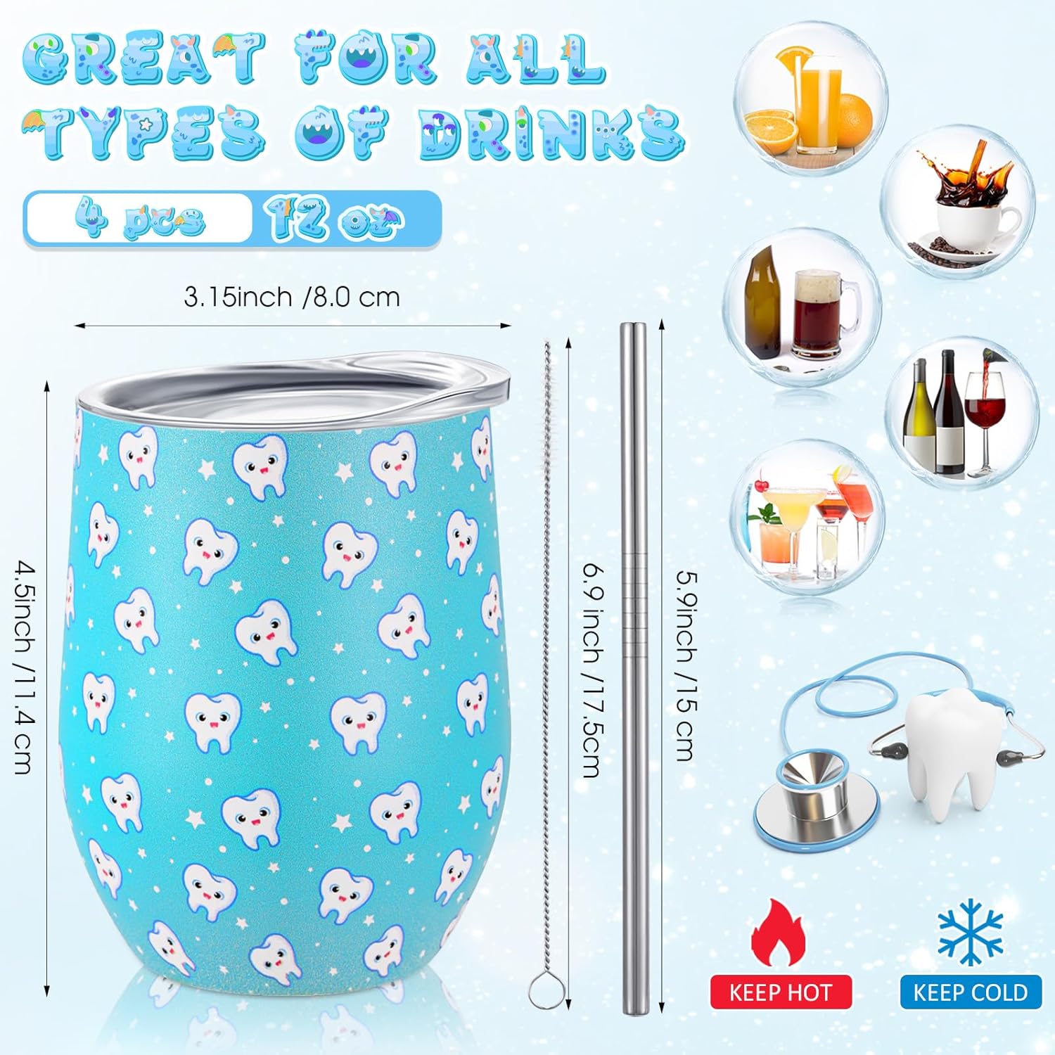 Umigy 4 Pcs Dental Assistant Gifts, Teeth Dentist Wine Tumbler, 12 oz Stainless Steel Coffee Travel Mug, Vacuum Insulated Tumbler Cup with Straw Lid and Brush Dental Hygienist Christmas Birthday Gifts - Image 3