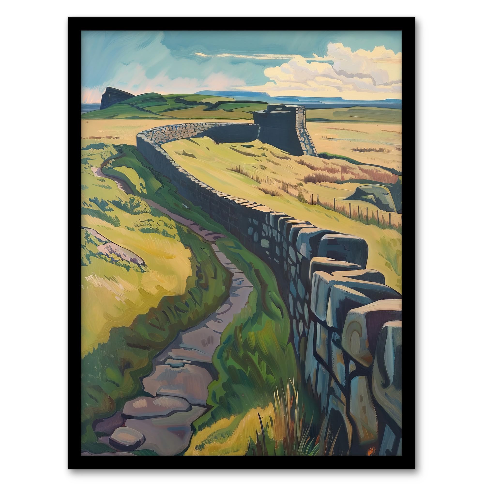 Hadrian's Wall Summer England Framed Art Print - Artery8 - A4 Size - Green
