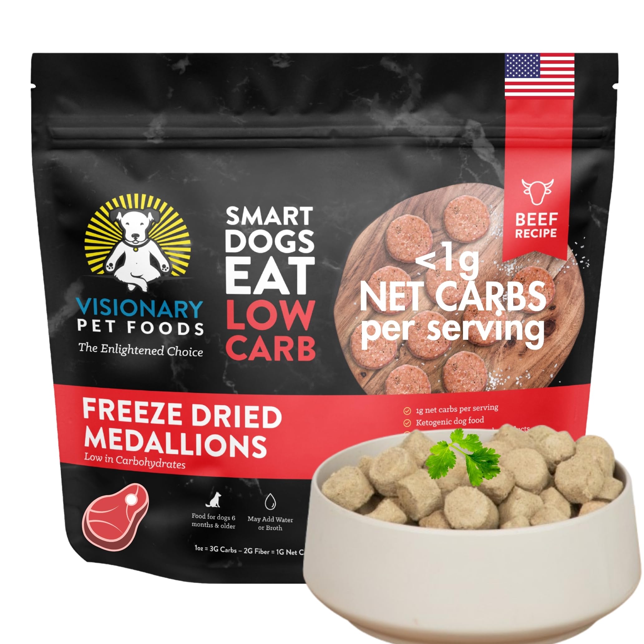 Visionary Pet Foods Low Carb Keto Natural Dry Dog Food <1g Net Carbs Freeze Dried Raw Real Beef, Diabetic Friendly Made and Sourced in USA 25oz