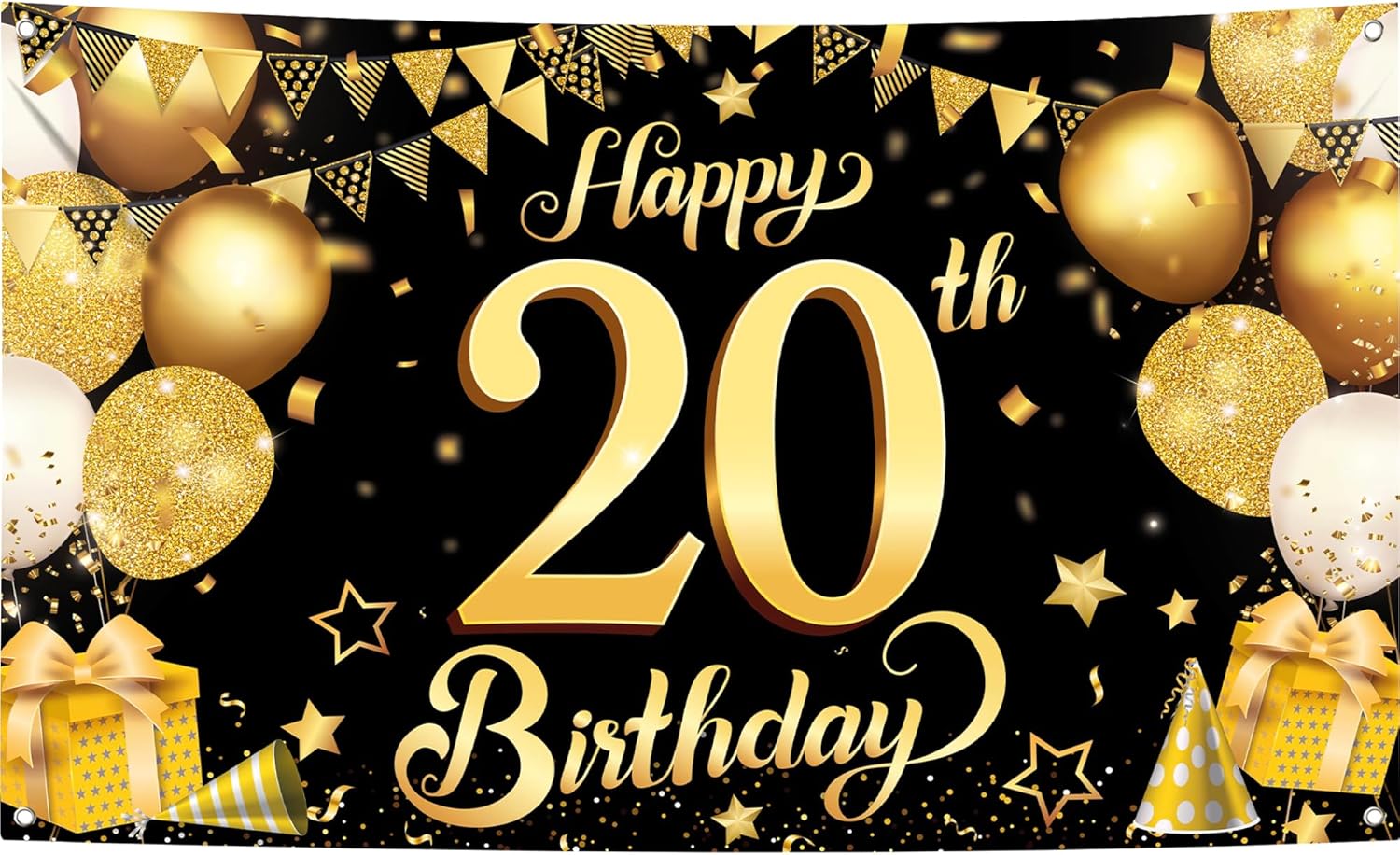 KatchOn, Black and Gold Happy 20th Birthday Banner - Large, 72x44 Inch | 20th Birthday Banner, Cheers To 20 Years | 20th Birthday Decorations for Men | Black and Gold 20 Birthday Decorations For Him