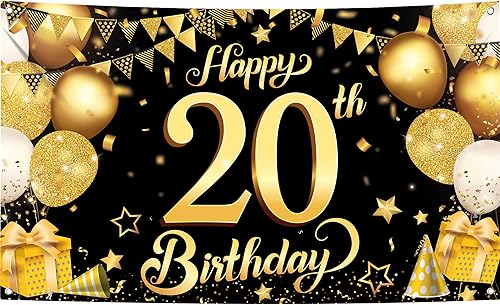 KatchOn, Cartel de feliz cumpleaños número 20 negro y dorado – Grande, 72 x 44 pulgadas | Cartel de 20 cumpleaños | Saludos a los 20 años |