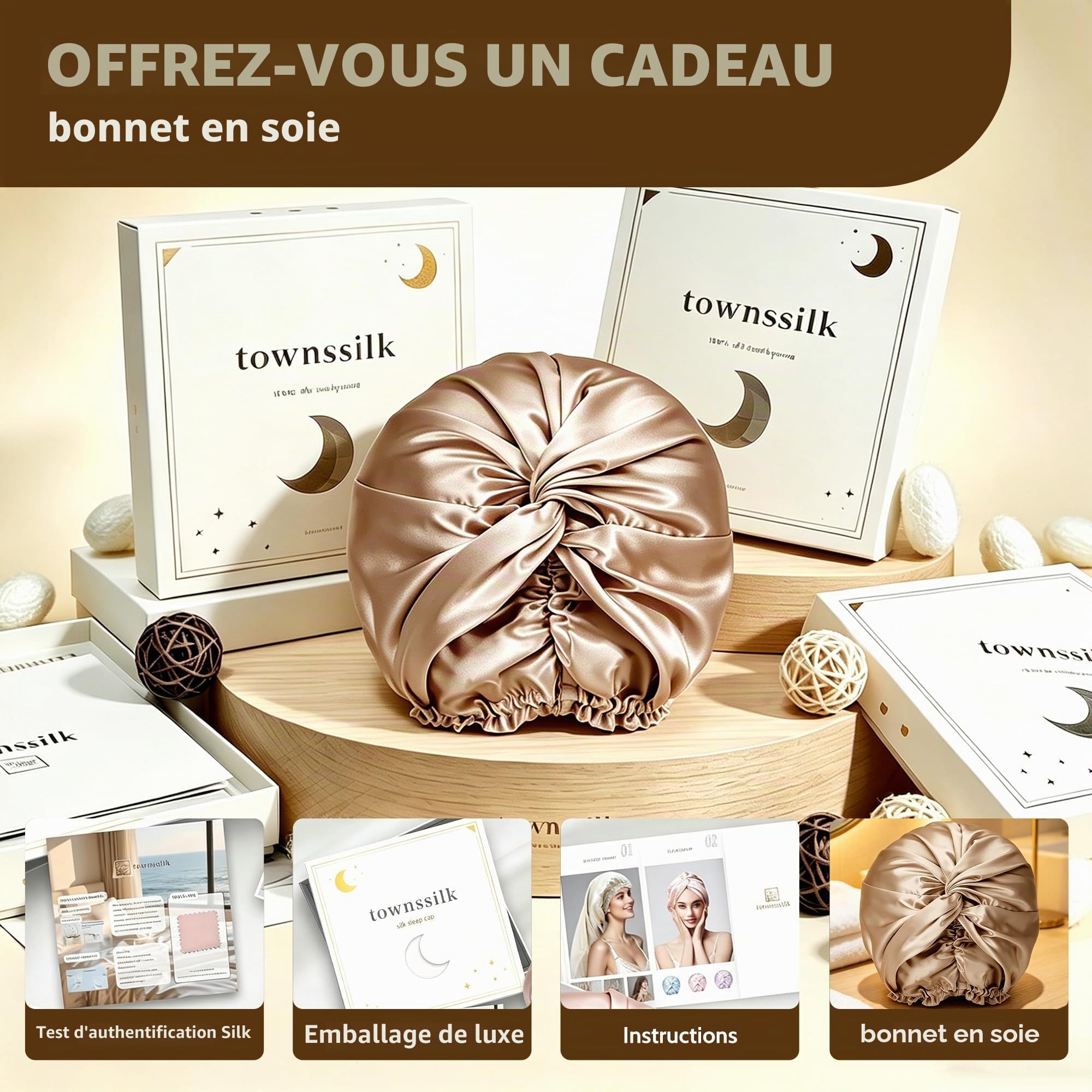 townssilk Bonnet de nuit 100% soie de mûrier pour femme, bonnet de nuit 16 momme en soie, bon pour les cheveux, protège les cheveux, bonnet de nuit en soie, double couche,coffee
