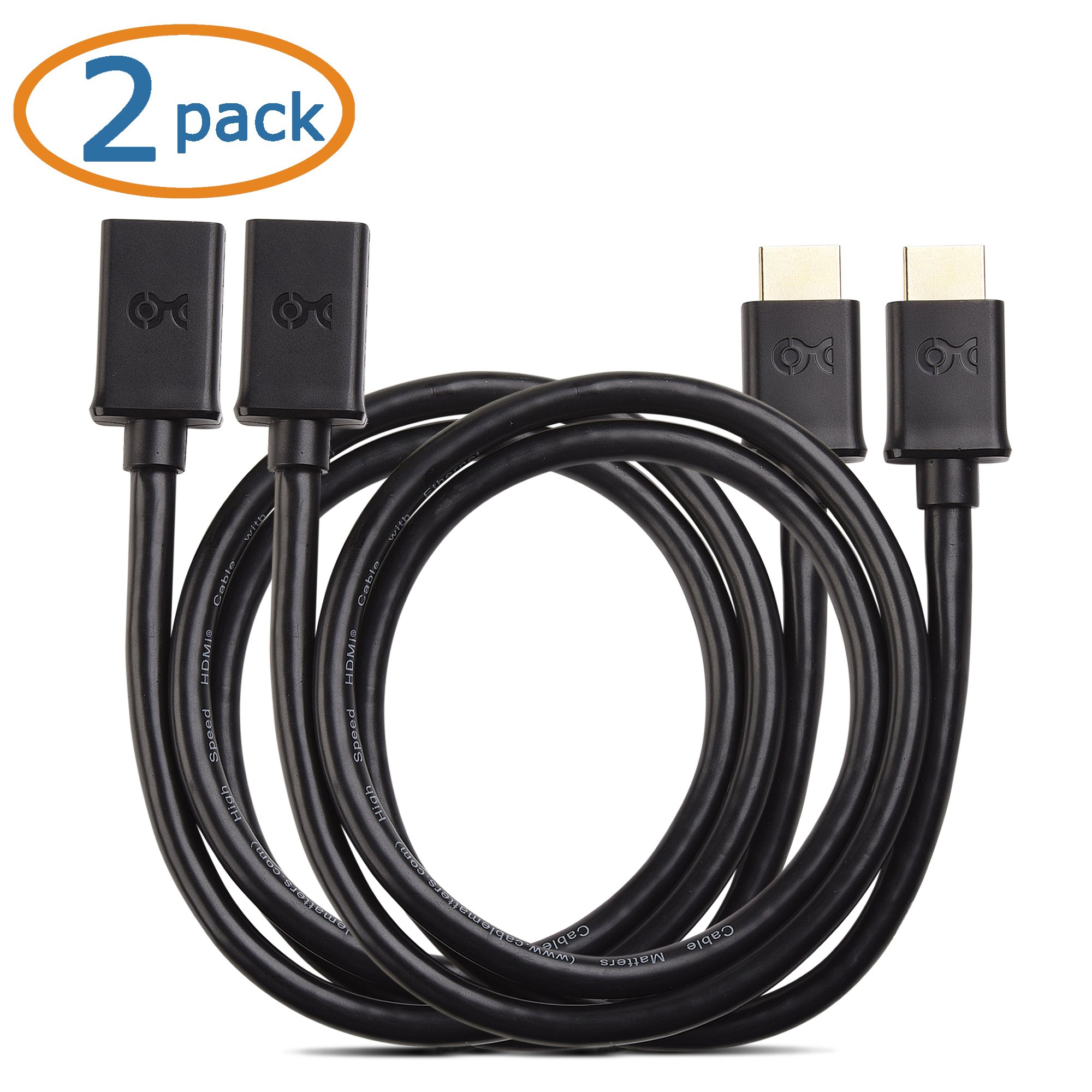 Paquete de 2 alargues para cable HDMI, de alta velocidad, con Ethernet, y resolución 3D y 4K. Negro 2